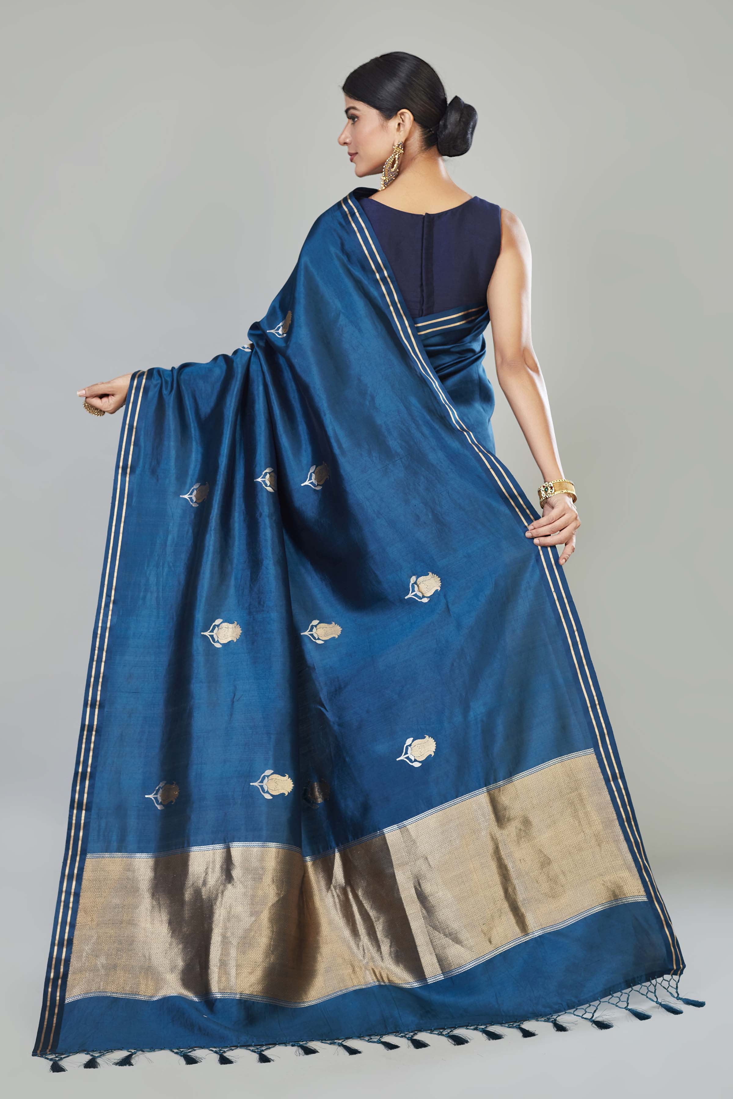 Shop blue tussar Banarasi sari online in USA with zari buta. Look your best on special occasions in Banarasi sarees, pure silk saris, handwoven sarees.-back