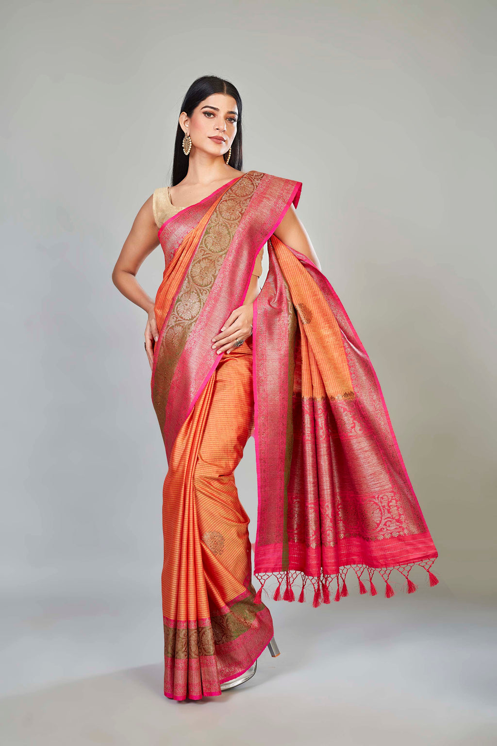 Shop orange tussar Banarasi sari online in USA with pink green zari border. Look your best on special occasions in Banarasi sarees, pure silk saris, handwoven sarees.-full view