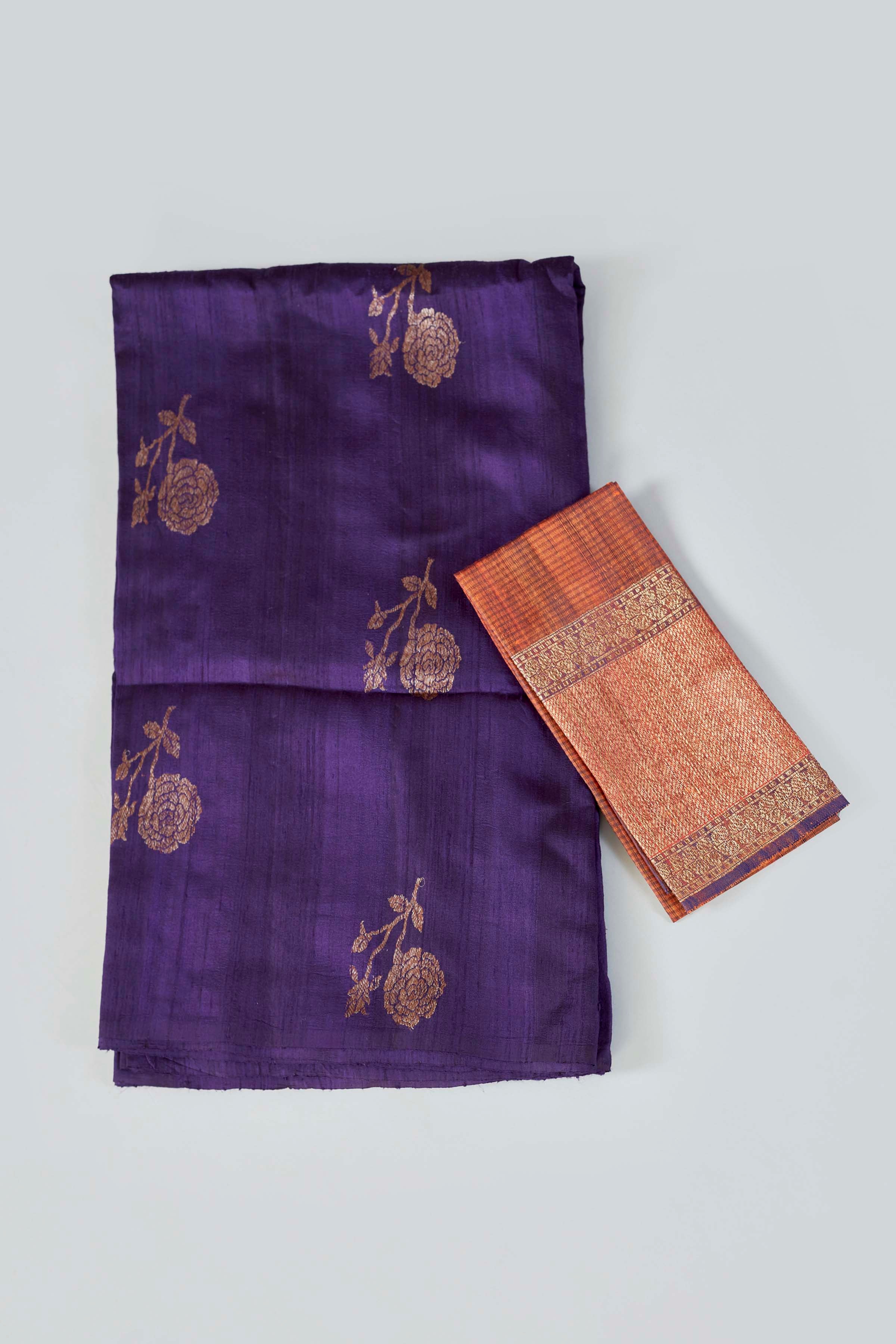 Shop purple tussar Banarasi sari online in USA with floral zari buta. Look your best on special occasions in Banarasi sarees, pure silk saris, handwoven sarees.-blouse