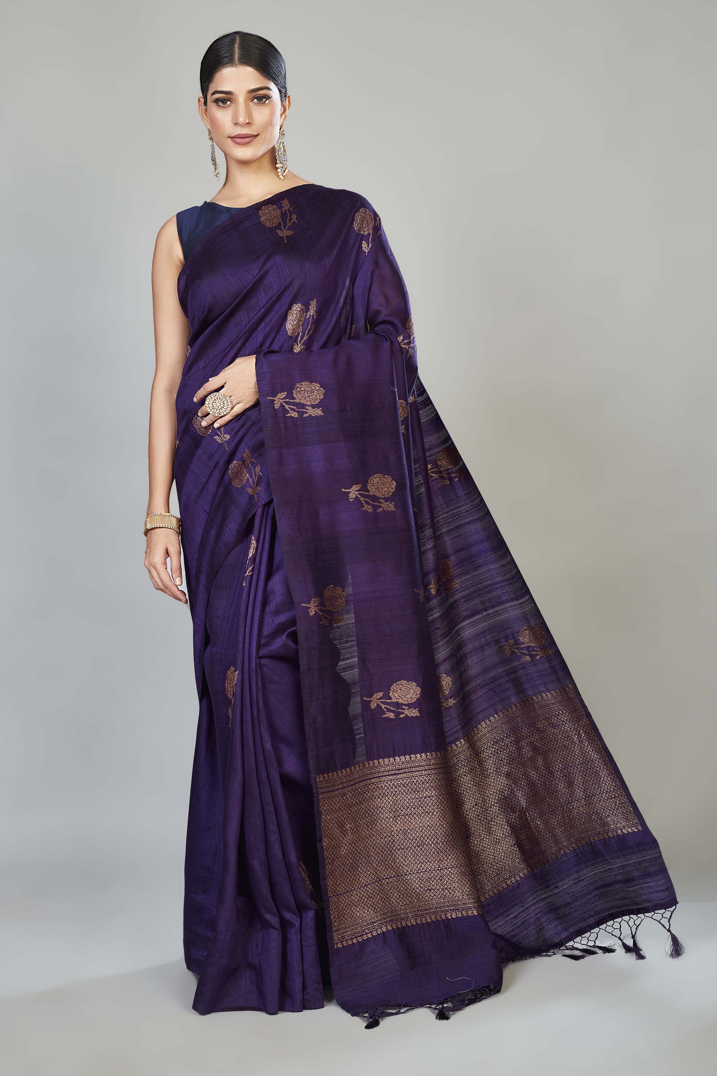 Shop purple tussar Banarasi sari online in USA with floral zari buta. Look your best on special occasions in Banarasi sarees, pure silk saris, handwoven sarees.-full view