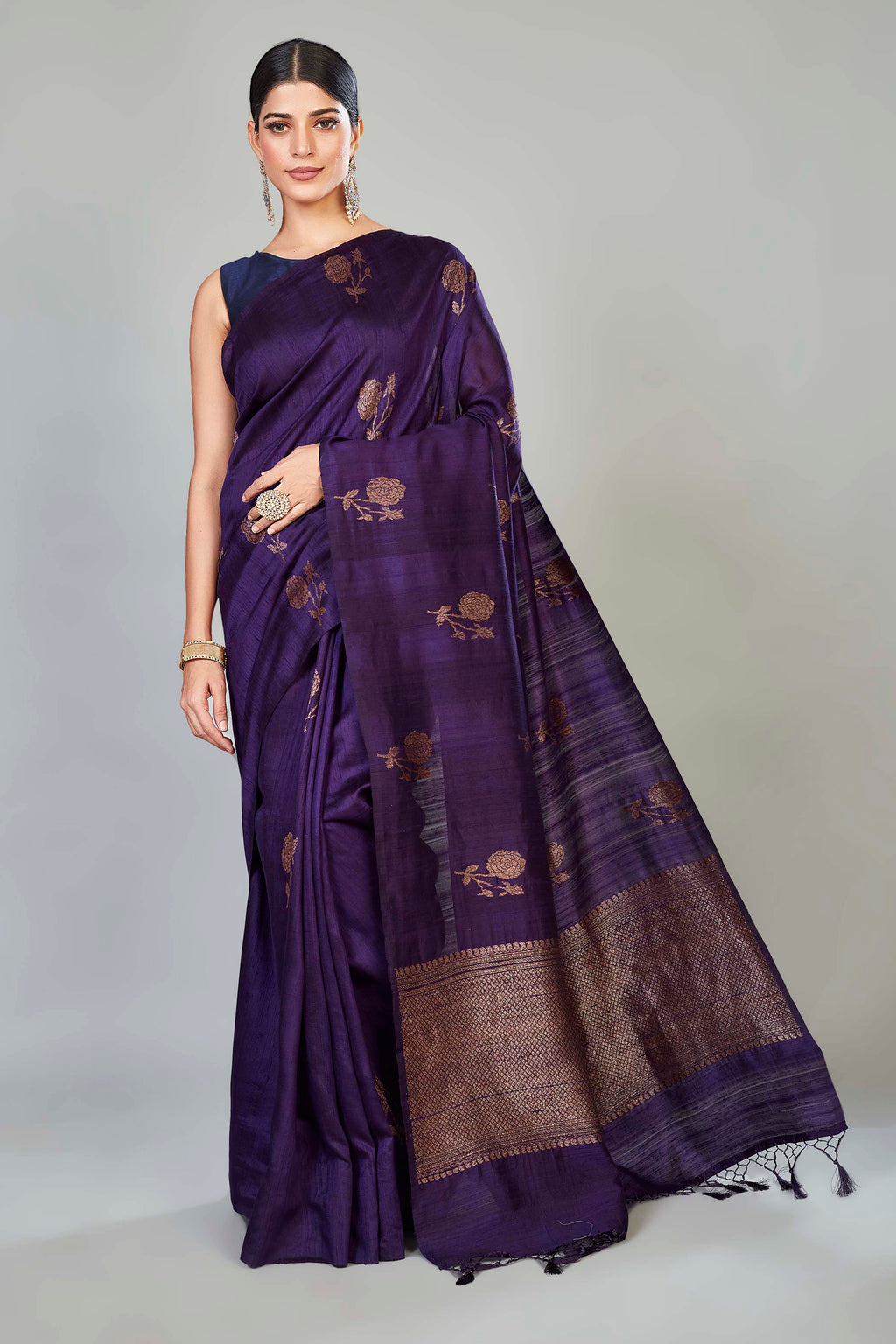 Shop purple tussar Banarasi sari online in USA with floral zari buta. Look your best on special occasions in Banarasi sarees, pure silk saris, handwoven sarees.-full view