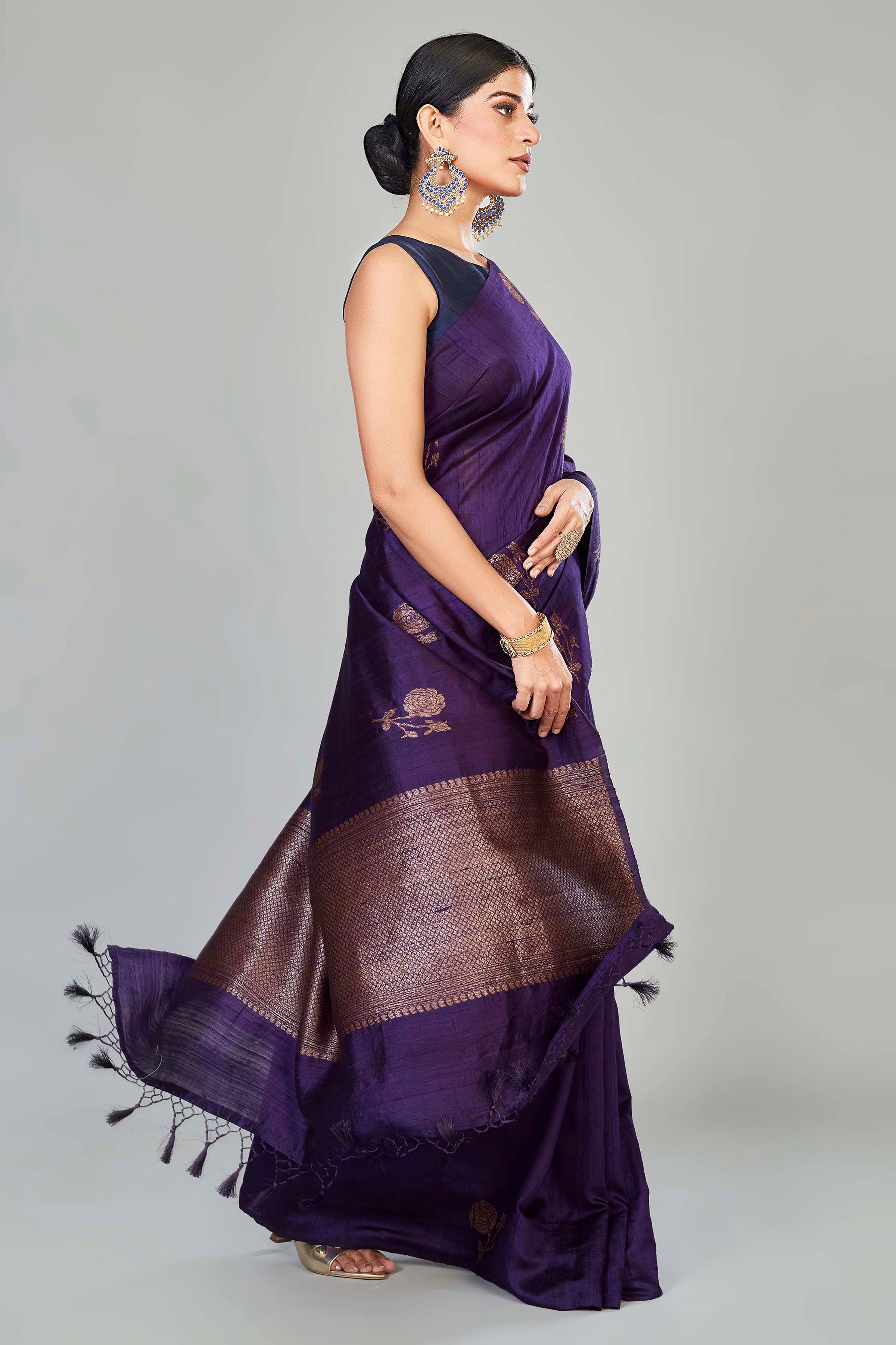 Shop purple tussar Banarasi sari online in USA with floral zari buta. Look your best on special occasions in Banarasi sarees, pure silk saris, handwoven sarees.-side