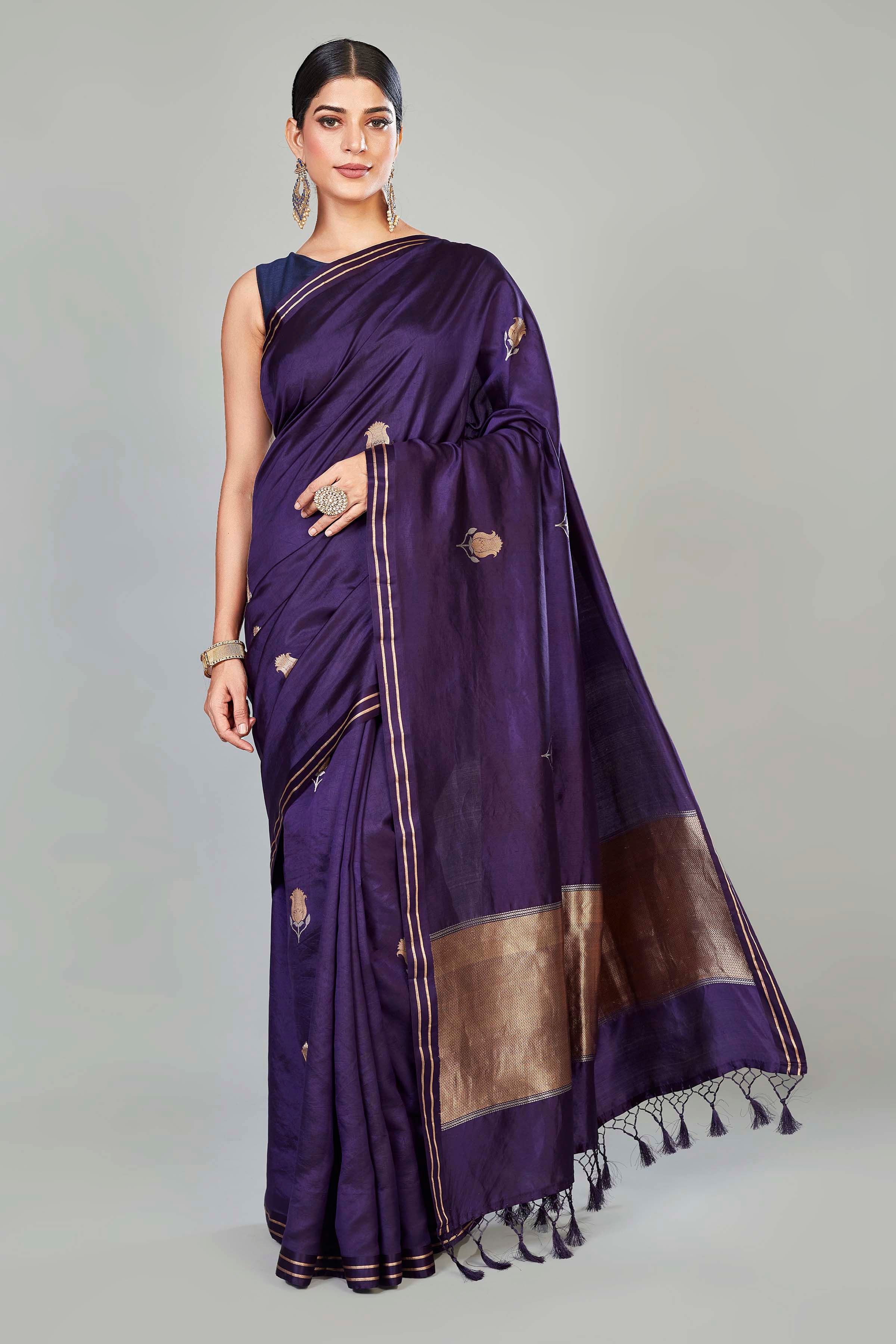 Buy purple Katan silk Banarasi sari online in USA with floral zari buta. Look your best on special occasions in Banarasi sarees, pure silk saris, handwoven sarees.-full view