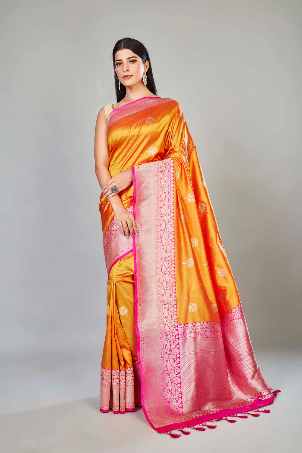Buy mustard Katan silk Banarasi sari online in USA with pink zari border. Look your best on special occasions in Banarasi sarees, pure silk saris, handwoven sarees.-full view