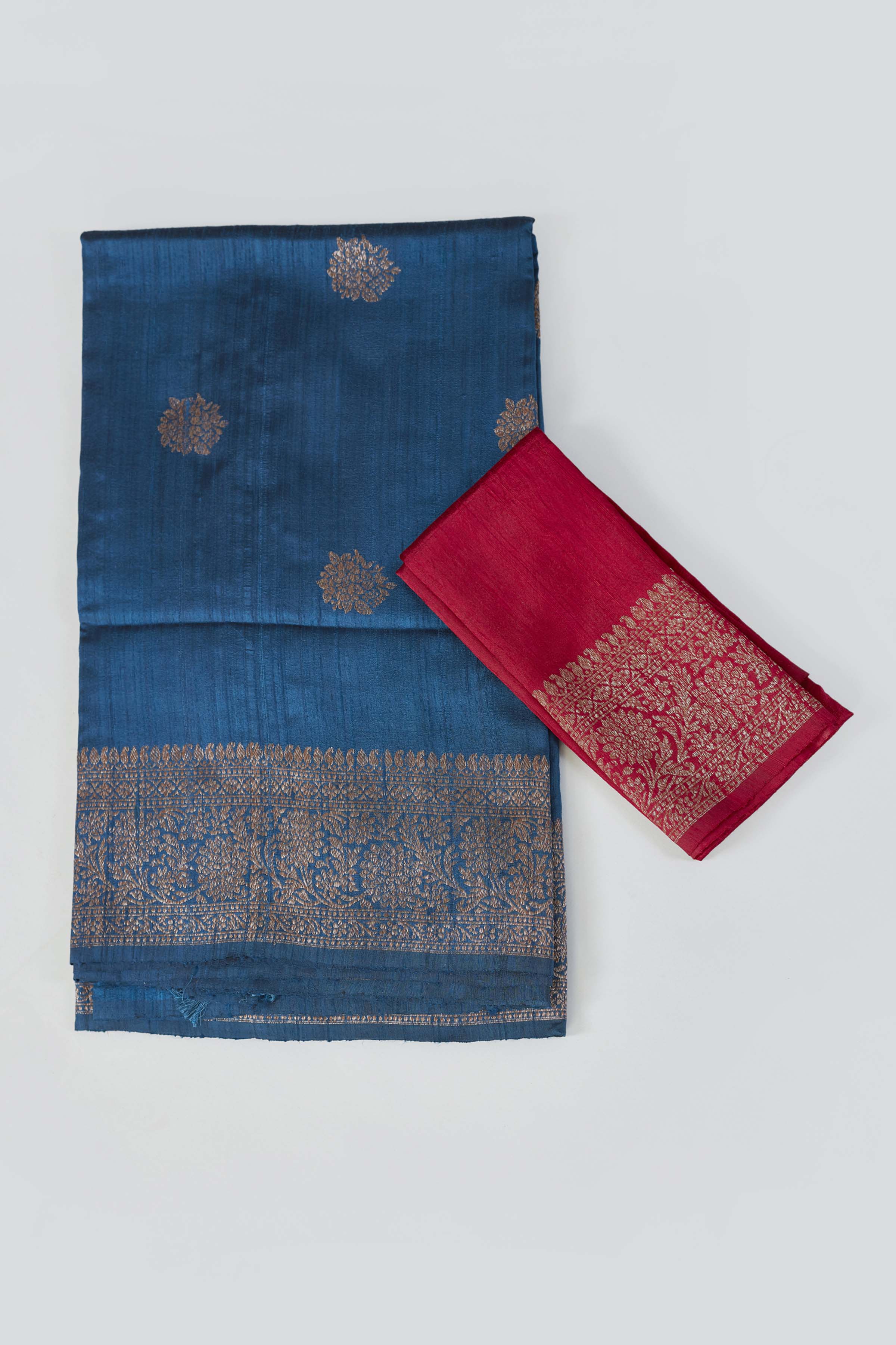 Buy dark blue tussar Banarasi sari online in USA with zari buta. Look your best on special occasions in Banarasi sarees, pure silk saris, handwoven sarees.-blouse