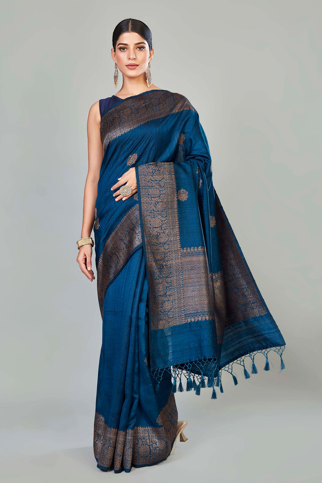 Buy dark blue tussar Banarasi sari online in USA with zari buta. Look your best on special occasions in Banarasi sarees, pure silk saris, handwoven sarees.-full view
