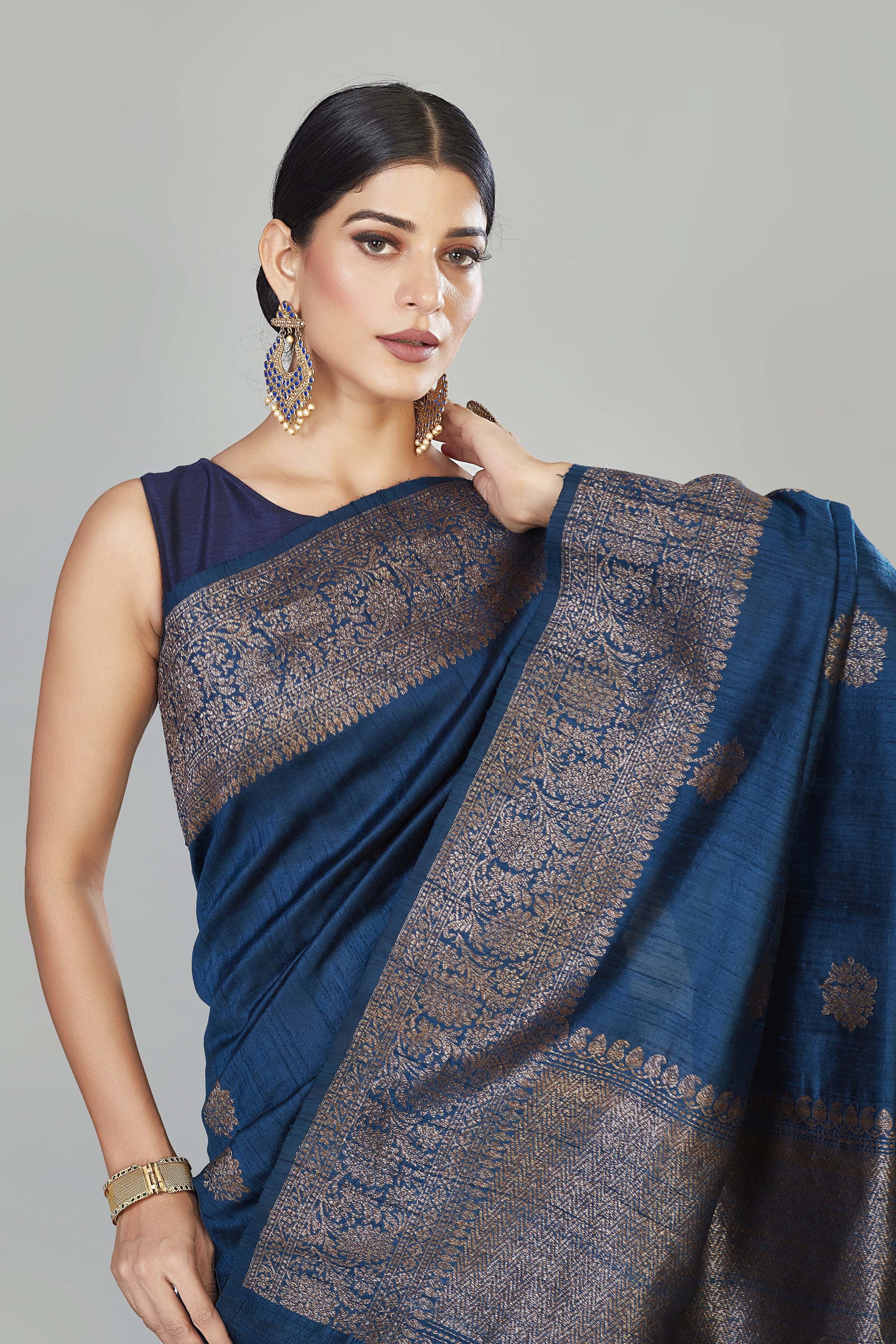 Buy dark blue tussar Banarasi sari online in USA with zari buta. Look your best on special occasions in Banarasi sarees, pure silk saris, handwoven sarees.-closeup
