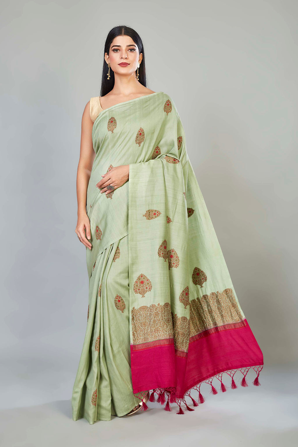 Buy mint green muga Banarasi sari online in USA with antique zari buta. Look your best on special occasions in Banarasi sarees, pure silk saris, handwoven sarees.-full view