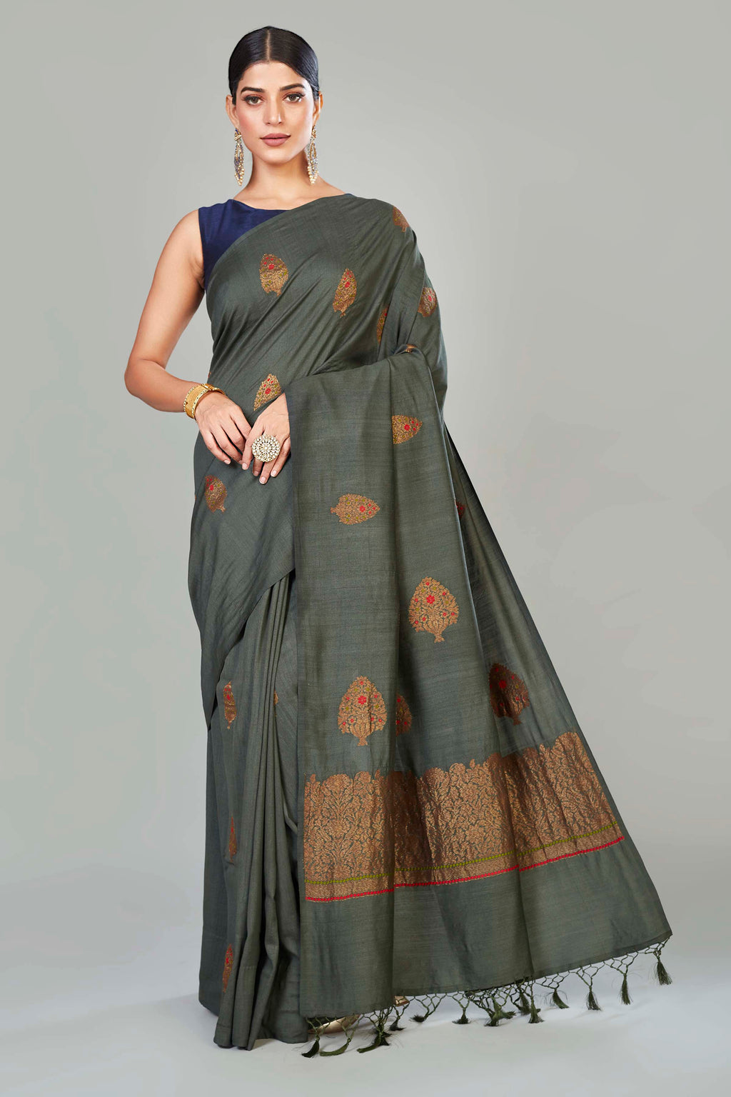 Shop dark grey muga Banarasi sari online in USA with zari buta. Look your best on special occasions in Banarasi sarees, pure silk saris, handwoven sarees.-full view