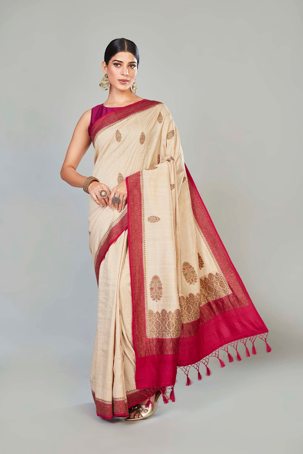 Shop cream muga Banarasi sari online in USA with pink border and zari buta. Look your best on special occasions in Banarasi sarees, pure silk saris, handwoven sarees.-full view
