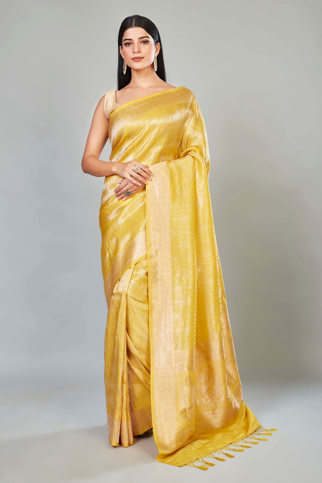 Buy yellow Katan silk Banarasi sari online in USA with zari border. Look your best on festive occasions in Banarasi sarees, pure silk saris, handwoven sarees.-full view