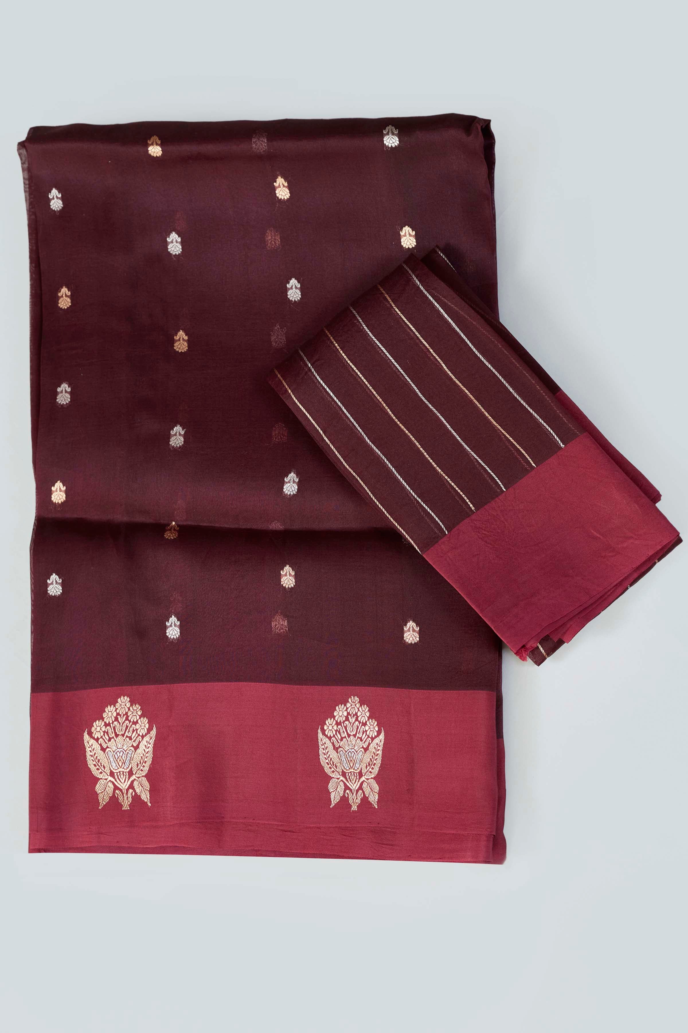 Buy wine color organza Banarasi sari online in USA with zari buta. Look your best on festive occasions in latest designer sarees, pure silk saris, handwoven sarees.-blouse