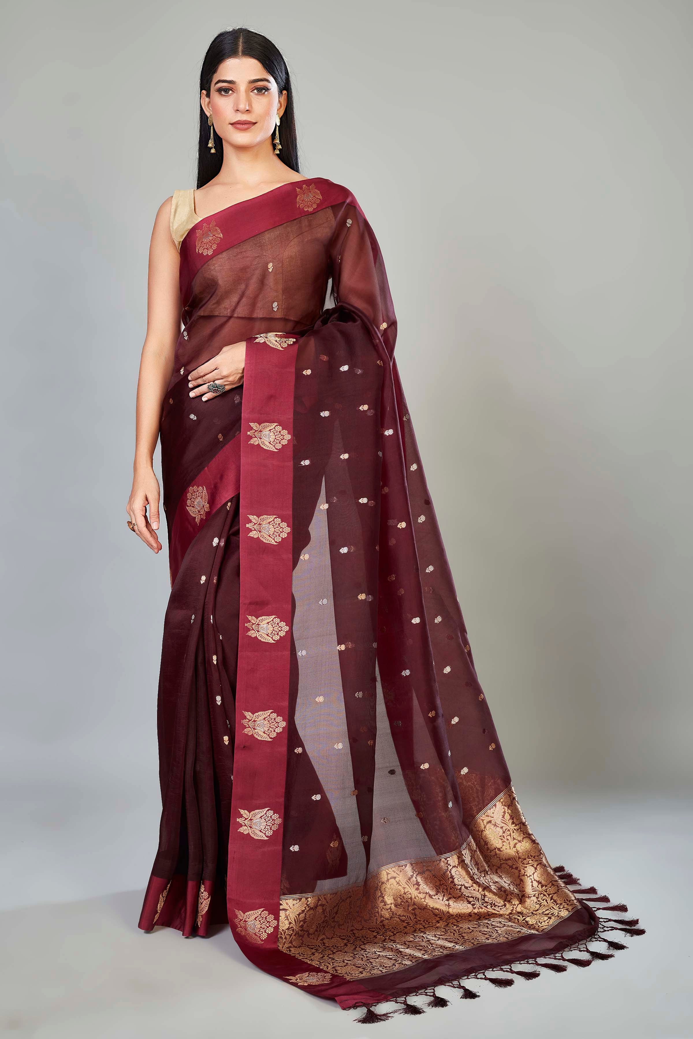 Buy wine color organza Banarasi sari online in USA with zari buta. Look your best on festive occasions in latest designer sarees, pure silk saris, handwoven sarees.-full view