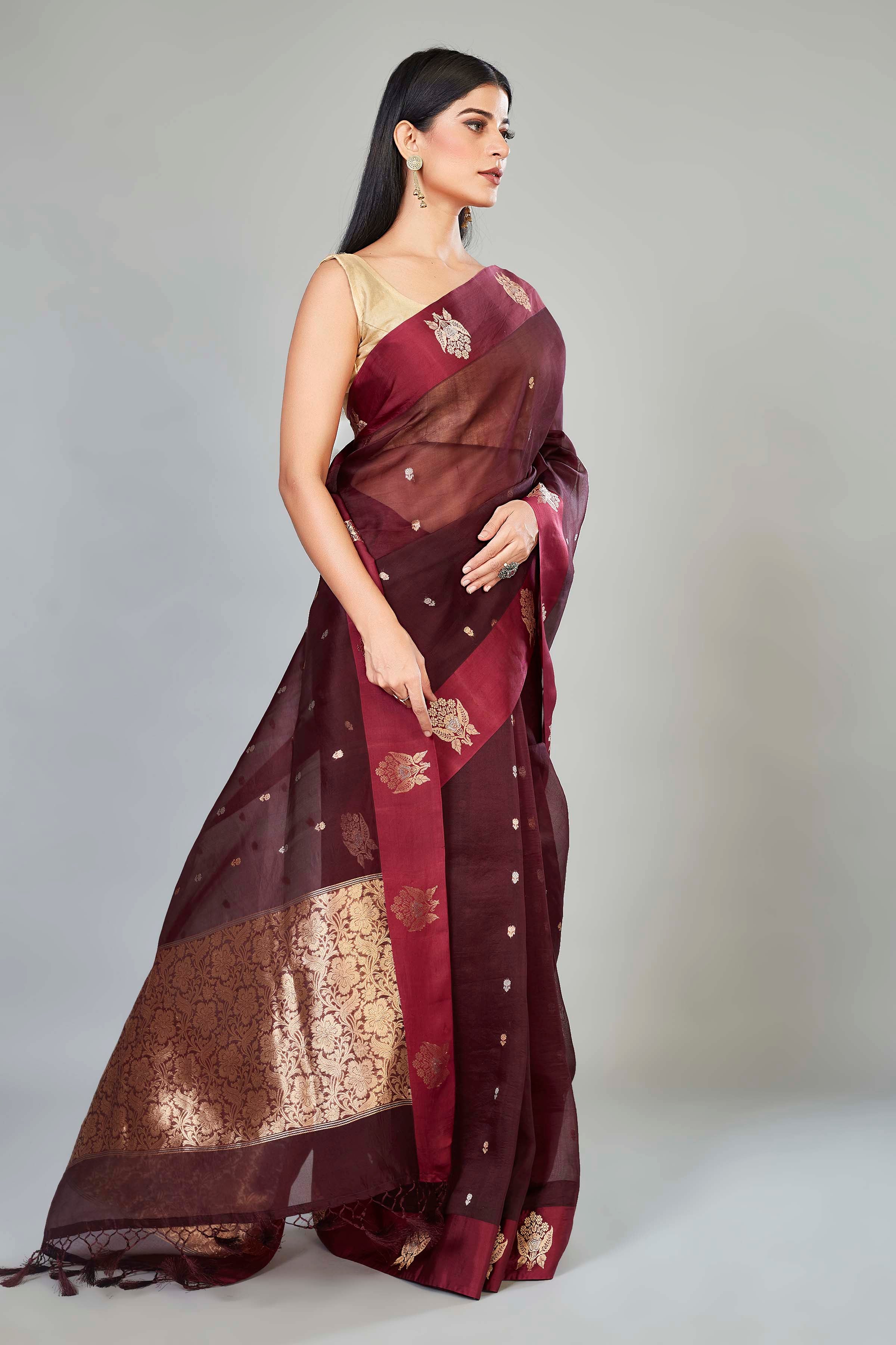 Buy wine color organza Banarasi sari online in USA with zari buta. Look your best on festive occasions in latest designer sarees, pure silk saris, handwoven sarees.-side