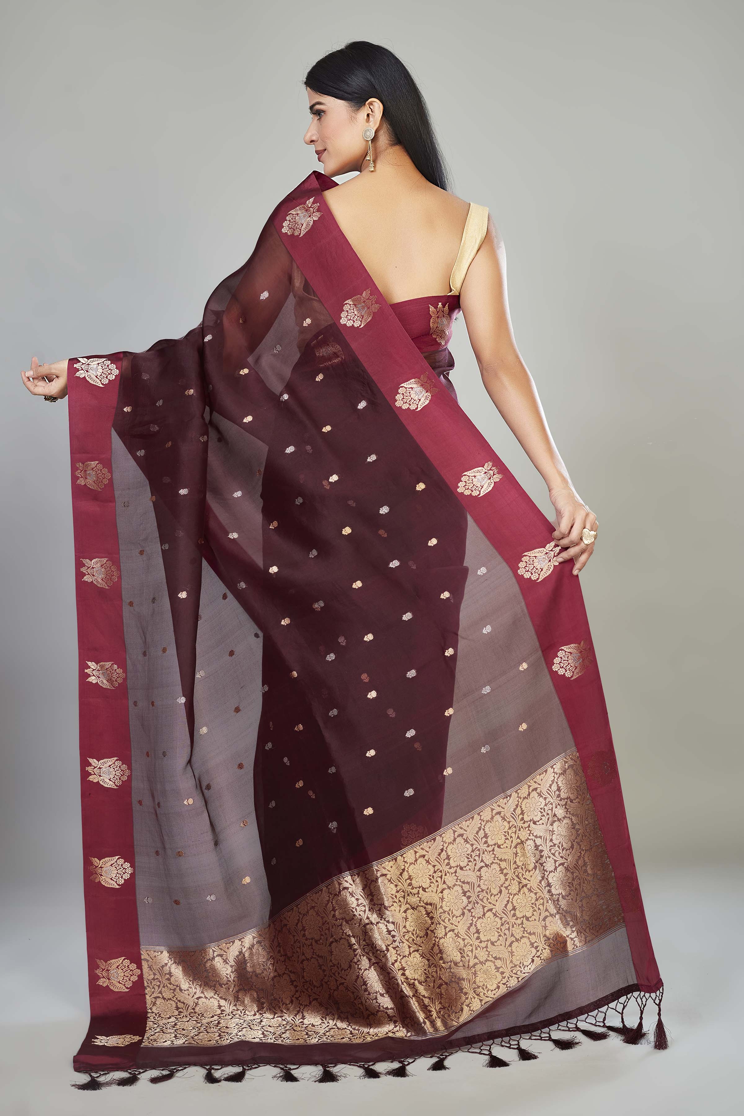 Buy wine color organza Banarasi sari online in USA with zari buta. Look your best on festive occasions in latest designer sarees, pure silk saris, handwoven sarees.-back