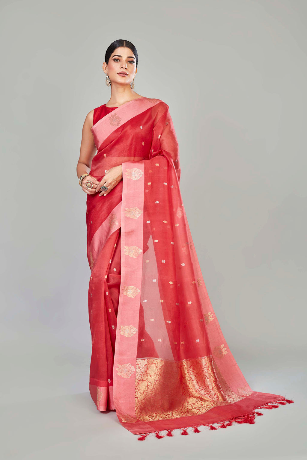 Buy red organza Banarasi sari online in USA with pink zari buta border. Look your best on festive occasions in latest designer sarees, pure silk saris, handwoven sarees.-full view