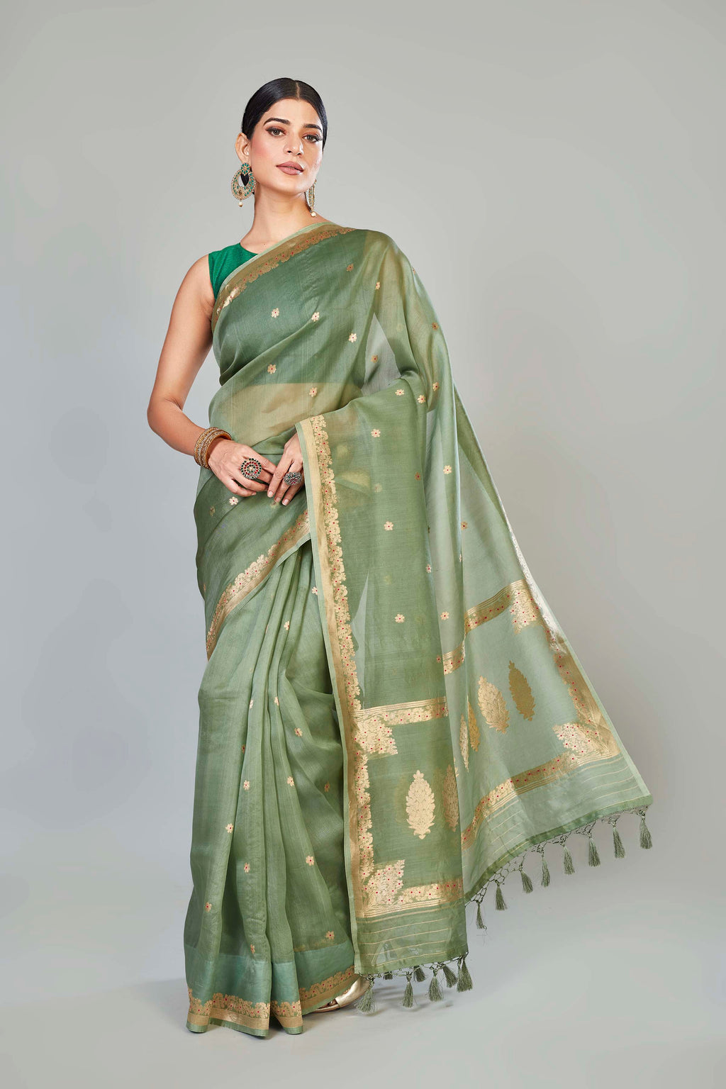 Shop sage green organza Banarasi sari online in USA with zari buta. Look your best on festive occasions in latest designer sarees, pure silk saris, handwoven sarees.-full view