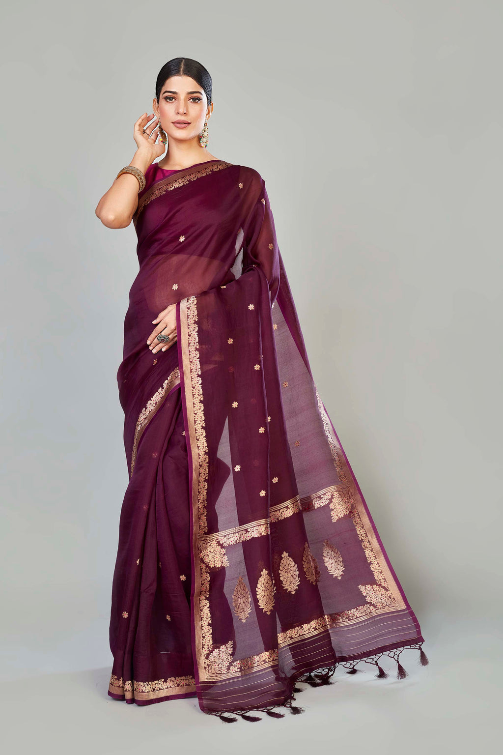 Buy wine color organza Banarasi saree online in USA with zari buta. Look your best on festive occasions in latest designer sarees, pure silk saris, handwoven sarees.-full view