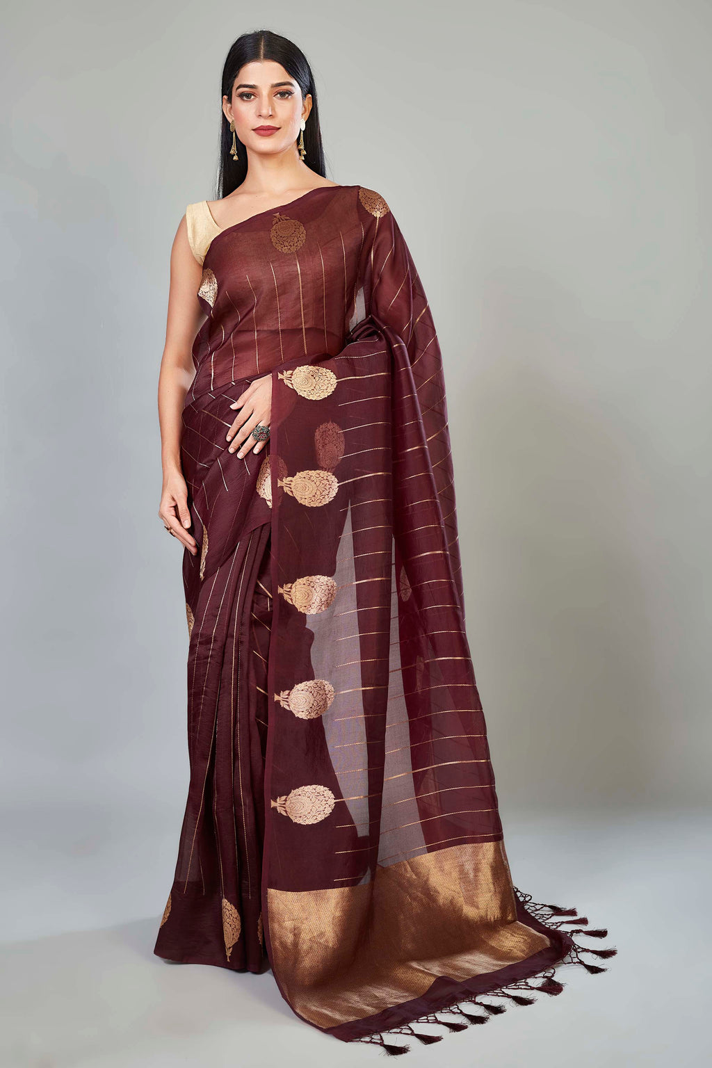 Buy dark brown organza Banarasi sari online in USA with zari buta. Look your best on festive occasions in latest designer sarees, pure silk saris, handwoven sarees.-full view