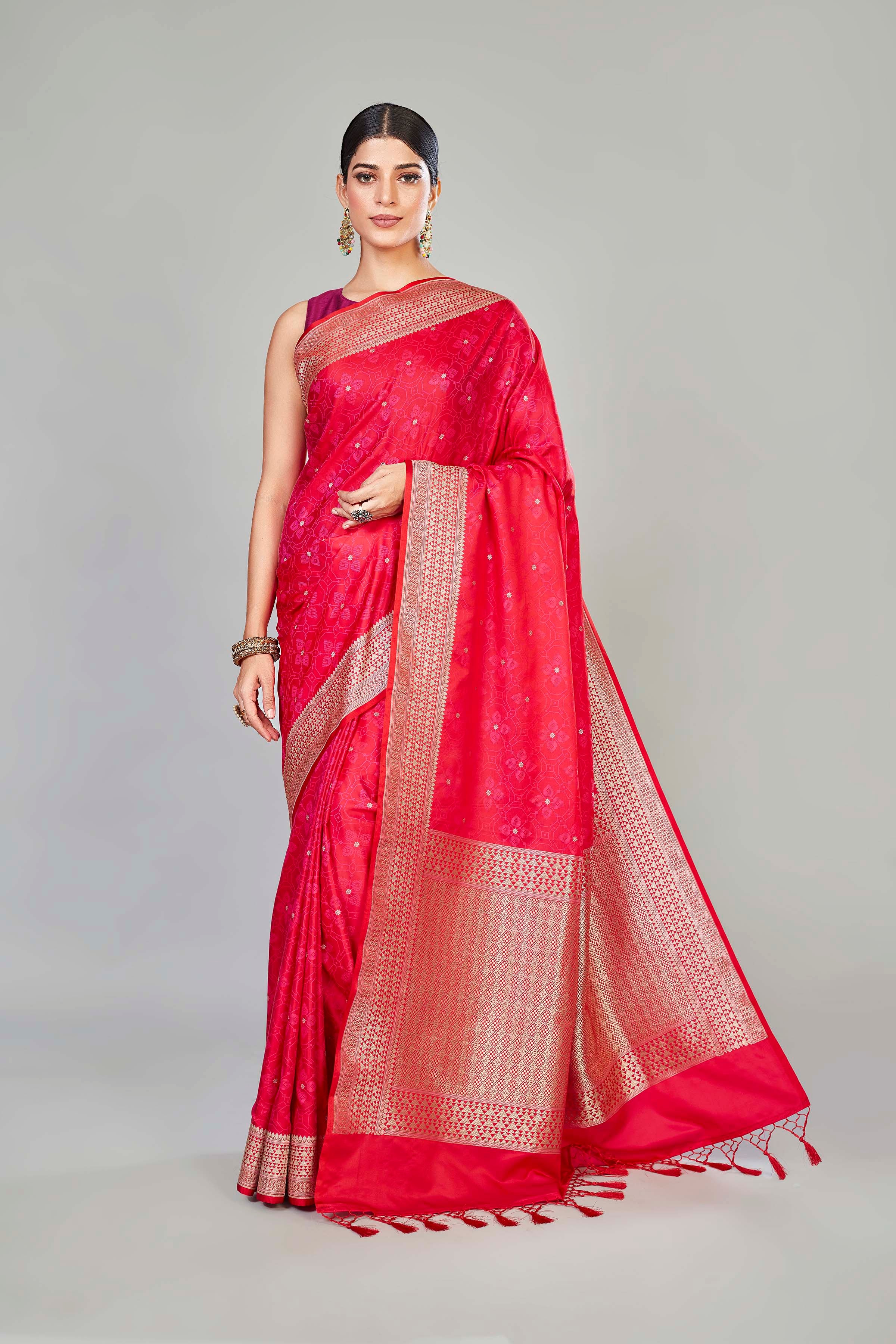 Buy dark pink Mashru silk sari online in USA with zari border. Look your best on festive occasions in latest designer sarees, pure silk saris, handwoven sarees.-full view