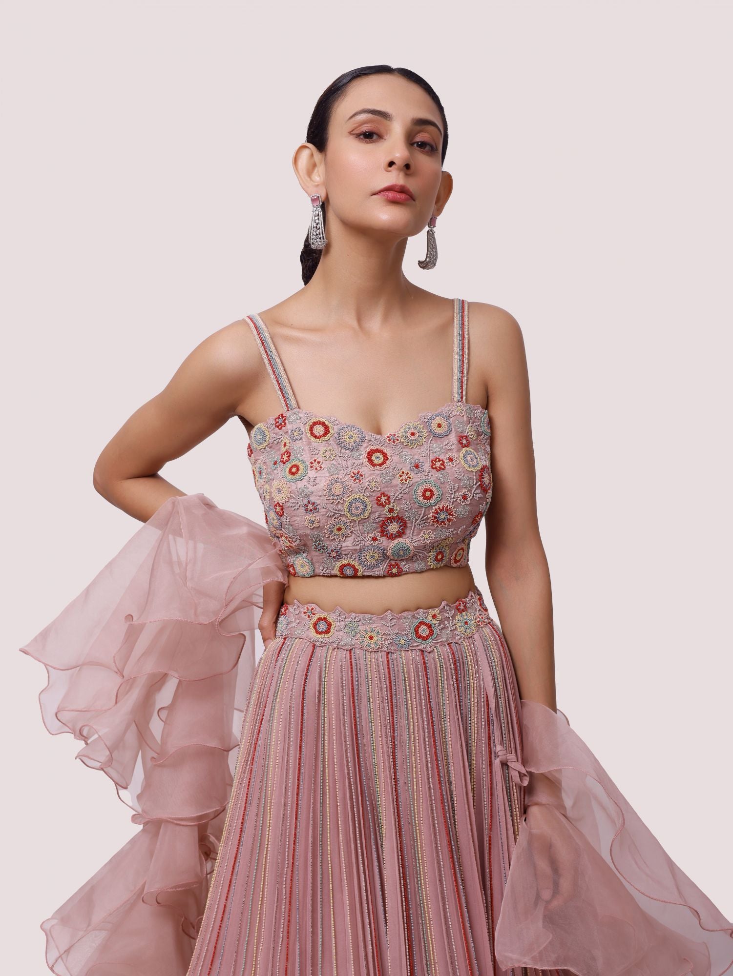 Buy pink georgette lehenga online in USA with raw silk blouse and organza dupatta. Dazzle on weddings and special occasions with exquisite designer lehengas, Anarkali suit, sharara suit, Indowestern outfits, bridal lehengas from Pure Elegance Indian clothing store in the USA. -closeup