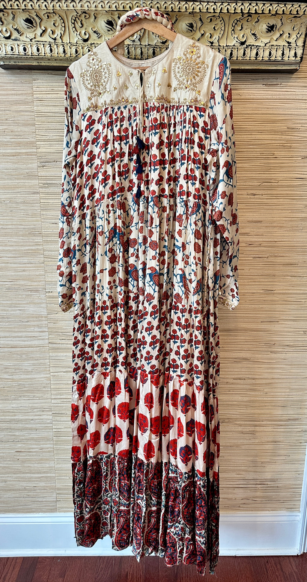 Buy cream printed embroidered dress online in USA. Look your best on festive occasions in latest designer suits, Banarasi sarees, handwoven sarees.-full view