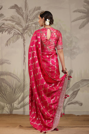 Shop stunning pink silk saree online in USA with embroidered sari blouse. Look royal on special occasions in exquisite designer sarees, pure silk sarees, handloom sarees, Bollywood sarees, embroidered sarees, Banarasi sarees, organza sarees from Pure Elegance Indian saree store in USA.-back