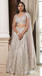 Buy silver net georgette embroidered lehenga online in USA with attached dupatta. Look royal on special occasions in exquisite designer lehengas, pure silk sarees, handloom sarees, Bollywood sarees, Anarkali suits, Banarasi sarees, organza sarees from Pure Elegance Indian saree store in USA.-full view