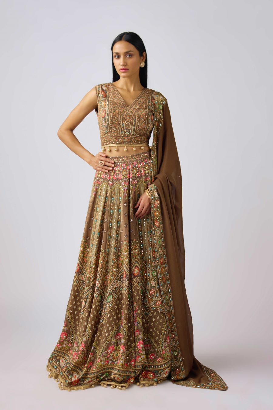 Shop brown chinon sequin and mirror work lehenga online in USA with dupatta. Shop designer lehengas, designer sarees, bridesmaids lehengas, designer salwar suits, wedding lehengas, wedding sarees in USA from Pure Elegance Indian fashion clothing store.-full view