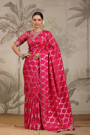 Shop stunning pink silk saree online in USA with embroidered sari blouse. Look royal on special occasions in exquisite designer sarees, pure silk sarees, handloom sarees, Bollywood sarees, embroidered sarees, Banarasi sarees, organza sarees from Pure Elegance Indian saree store in USA.-front