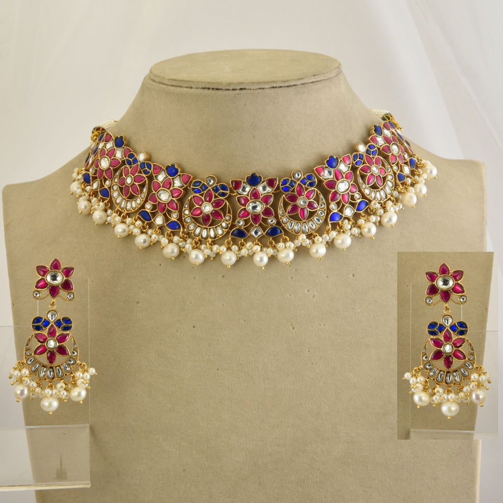 Buy Amrapali gold plated pink and blue stone necklace set online in USA with pearls. Buy beautiful gold plated jewelry, gold plated earrings, silver earrings, silver bangles, bridal jewelry, wedding jewellery from Pure Elegance Indian fashion store in USA.-full view