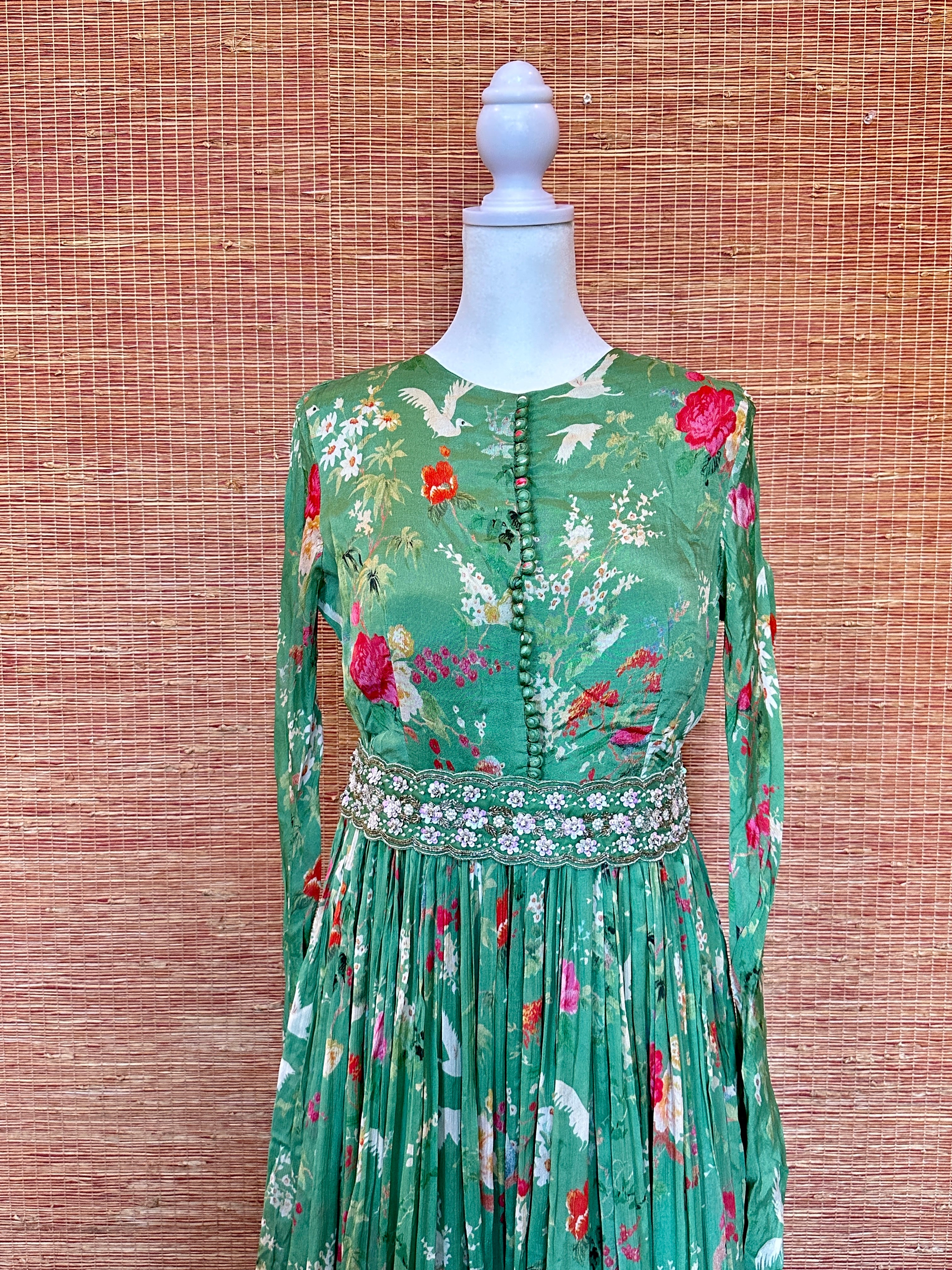 Buy sea green floral georgette dress online in USA with belt. Look royal on special occasions in exquisite designer lehengas, pure silk sarees, handloom sarees, Bollywood sarees, Anarkali suits, Banarasi sarees, organza sarees from Pure Elegance Indian saree store in USA.-closeup