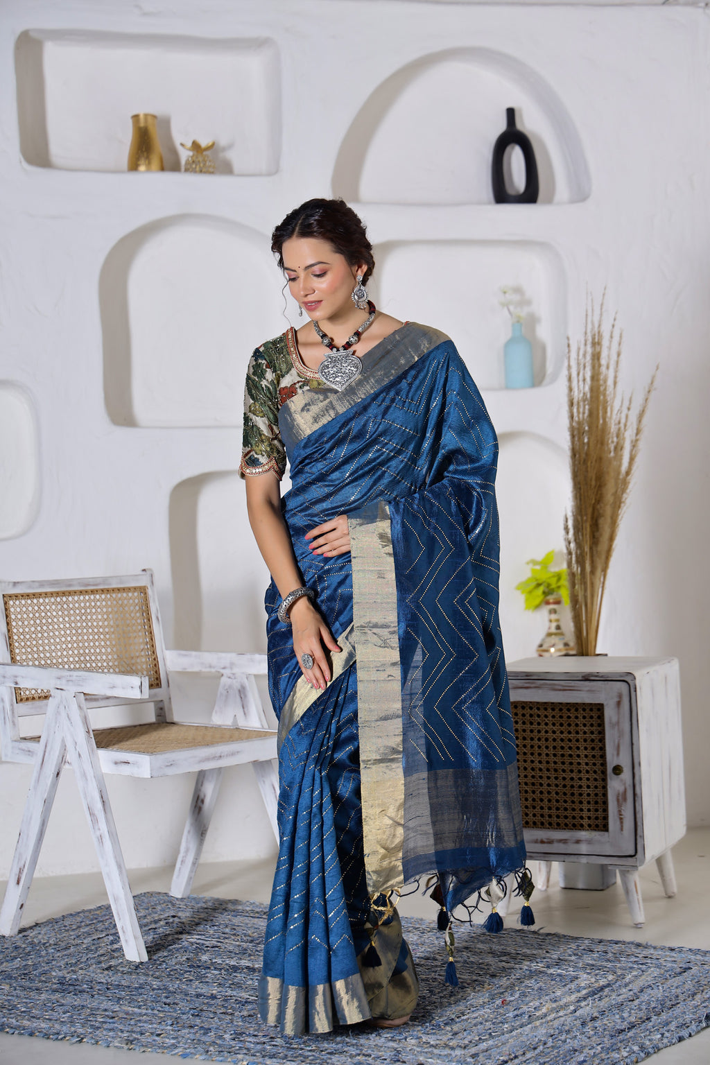 Shop blue tussar silk saree online in USA with embroidered saree blouse. Look royal on special occasions in exquisite designer sarees, pure silk sarees, handloom sarees, Bollywood sarees, embroidered sarees, Banarasi sarees, organza sarees from Pure Elegance Indian saree store in USA.-full view
