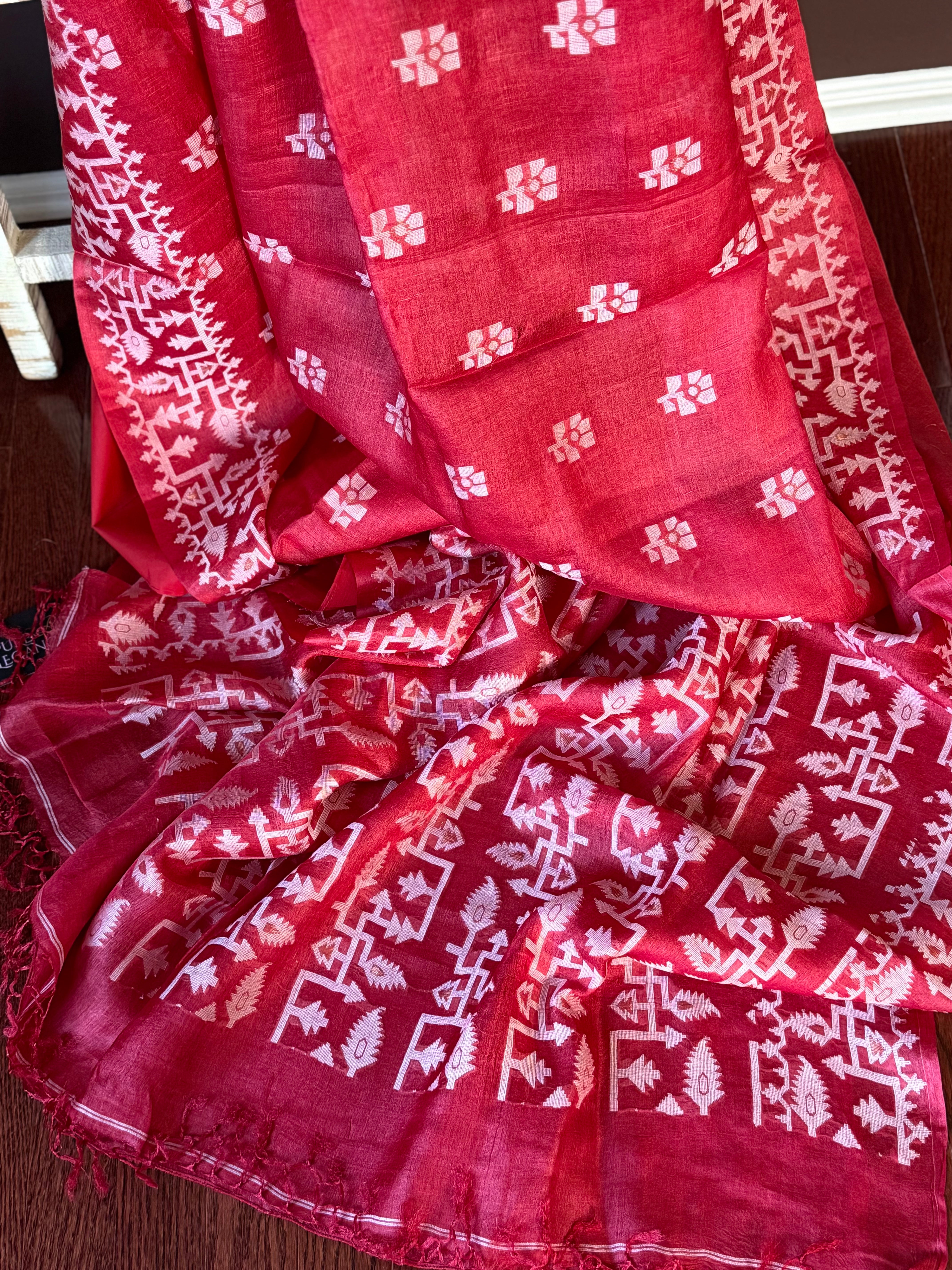 Shop red Jamdani tussar silk saree online in USA. Look your best on festive occasions in latest designer sarees, Banarasi sarees, handwoven sarees.-saree