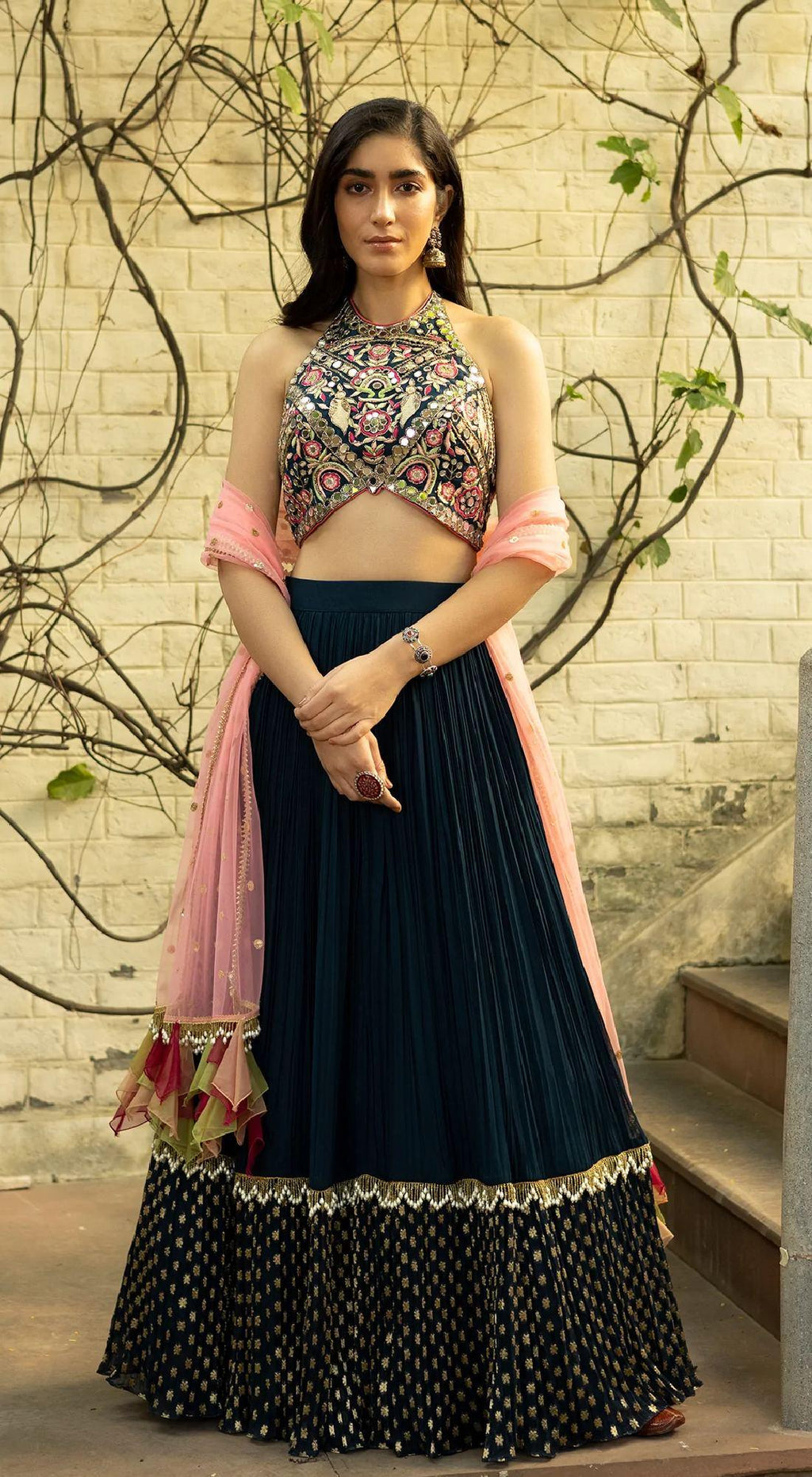Shop navy blue mirror work lehenga online in USA with pink dupatta. Shop bridal lehengas, designer sarees, bridesmaids lehengas, designer salwar suits, wedding lehengas, wedding sarees in USA from Pure Elegance Indian fashion clothing store.-full view