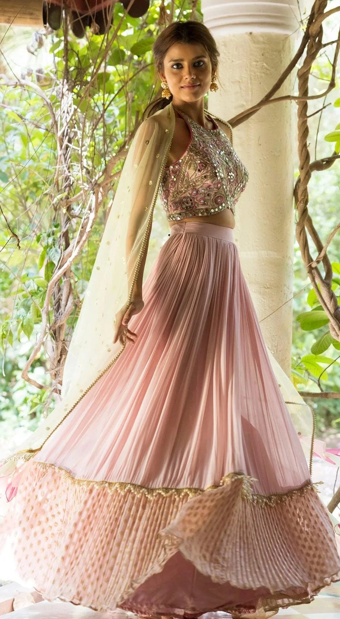 52A216 Light Pink Mirror Work Lehenga With Green Dupatta