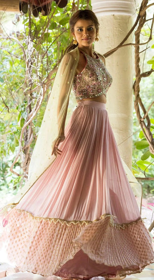52A216 Light Pink Mirror Work Lehenga With Green Dupatta