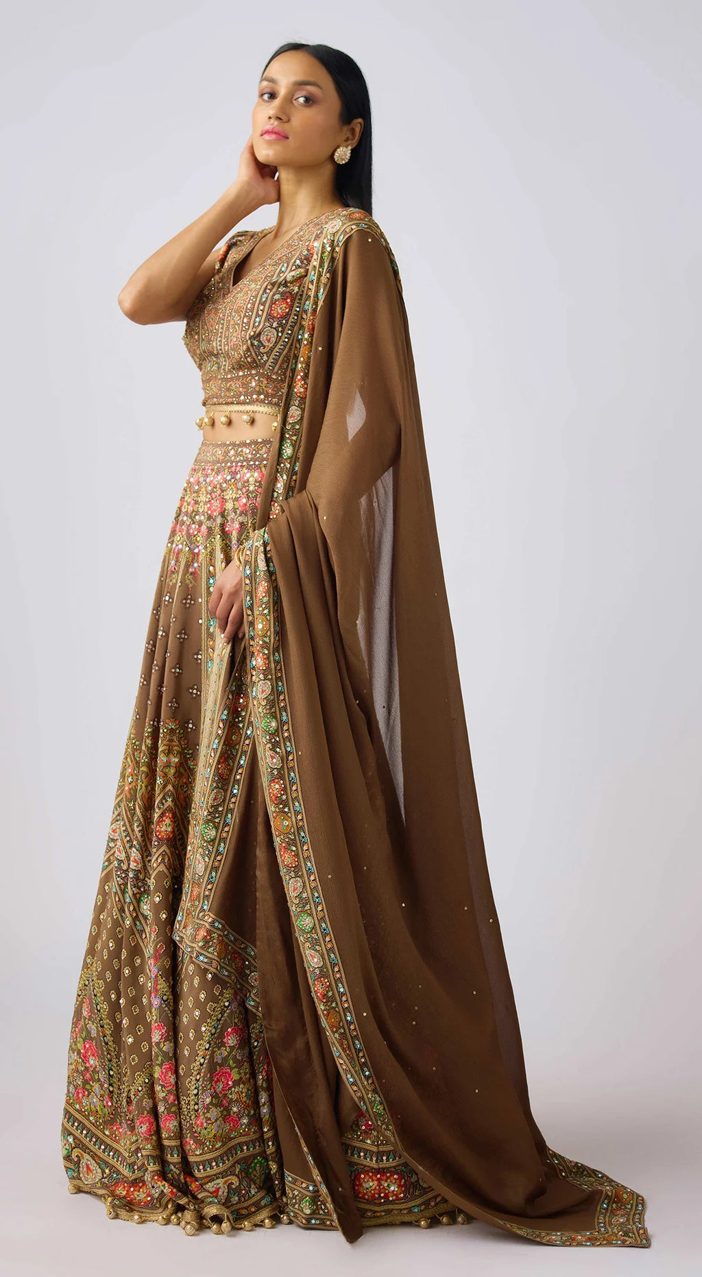 Buy beautiful brown chinon sequin and mirror work lehenga online in USA with dupatta. Shop bridal lehengas, designer sarees, bridesmaids lehengas, designer salwar suits, wedding lehengas, wedding sarees in USA from Pure Elegance Indian fashion clothing store.-full view