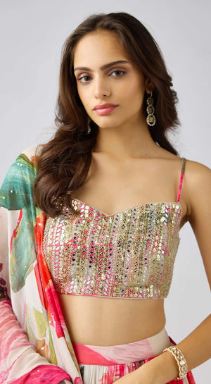 Shop beautiful multicolor mirror bead and zari work lehenga online in USA. Shop bridal lehengas, designer sarees, bridesmaids lehengas, designer salwar suits, wedding lehengas, wedding sarees in USA from Pure Elegance Indian fashion clothing store.-closeup