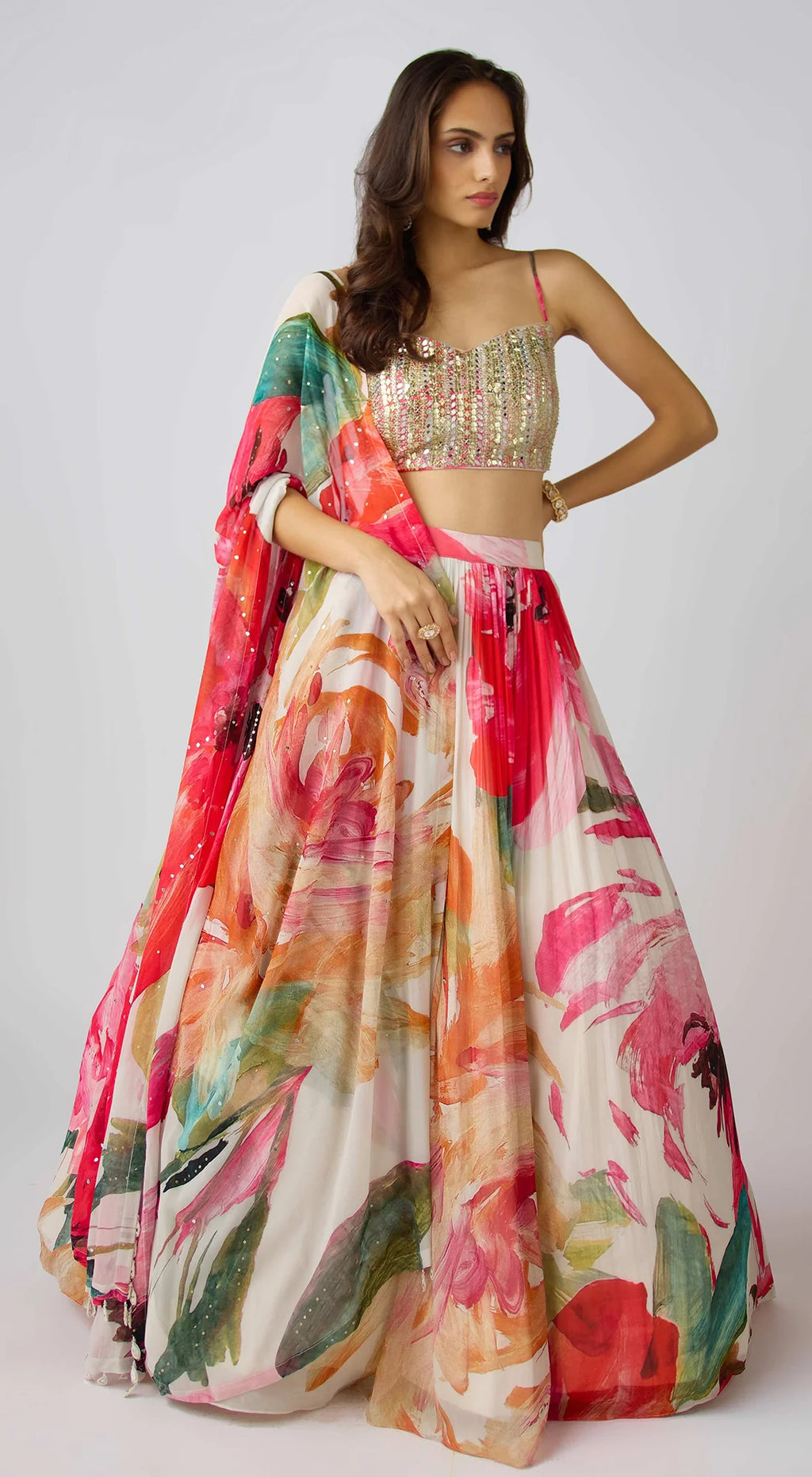 Shop beautiful multicolor mirror bead and zari work lehenga online in USA. Shop bridal lehengas, designer sarees, bridesmaids lehengas, designer salwar suits, wedding lehengas, wedding sarees in USA from Pure Elegance Indian fashion clothing store.-lehenga