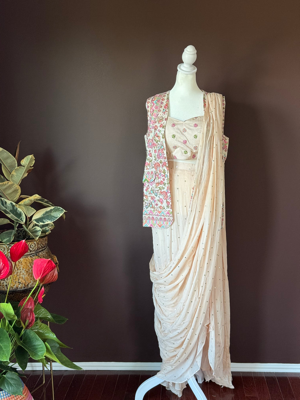 Shop cream draped saree online in USA with embroidered jacket. Look your best on festive occasions in latest designer sarees, Banarasi sarees, handwoven sarees.-full view