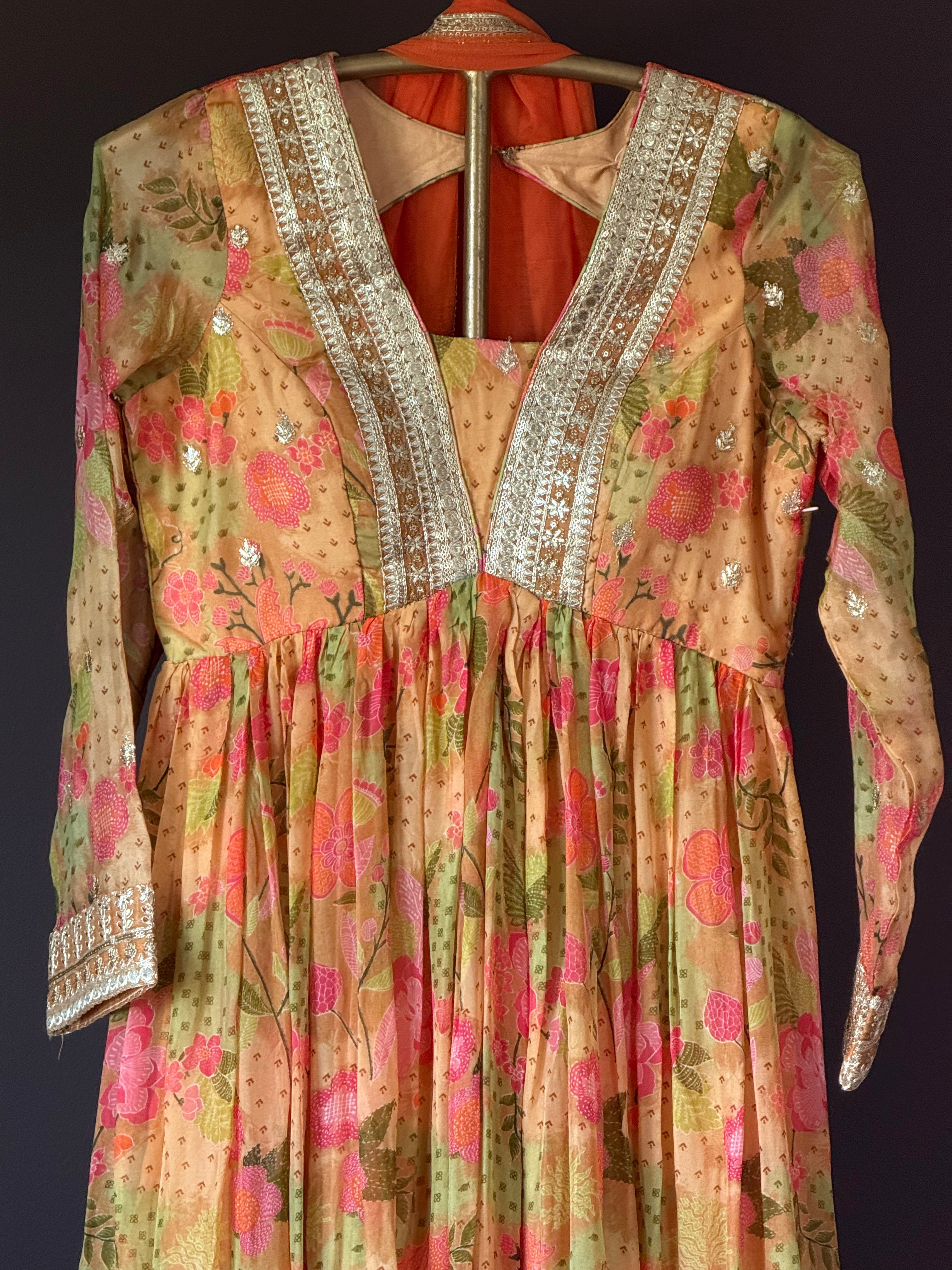 Shop peach floral embroidered Anarkali suit online in USA. Look your best on festive occasions in latest designer suits, Banarasi sarees, handwoven sarees.-closeup