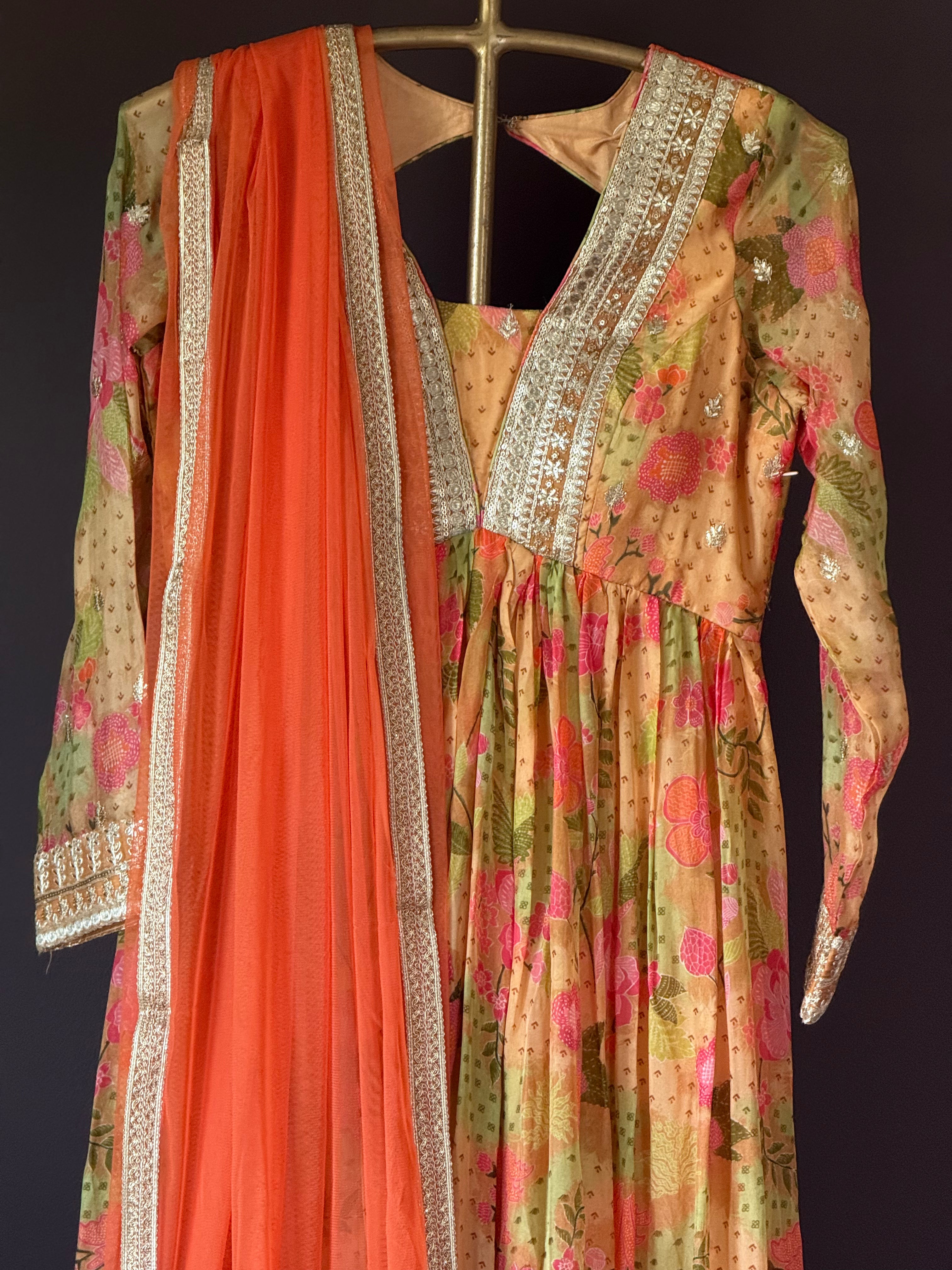 Shop peach floral embroidered Anarkali suit online in USA. Look your best on festive occasions in latest designer suits, Banarasi sarees, handwoven sarees.-dupatta