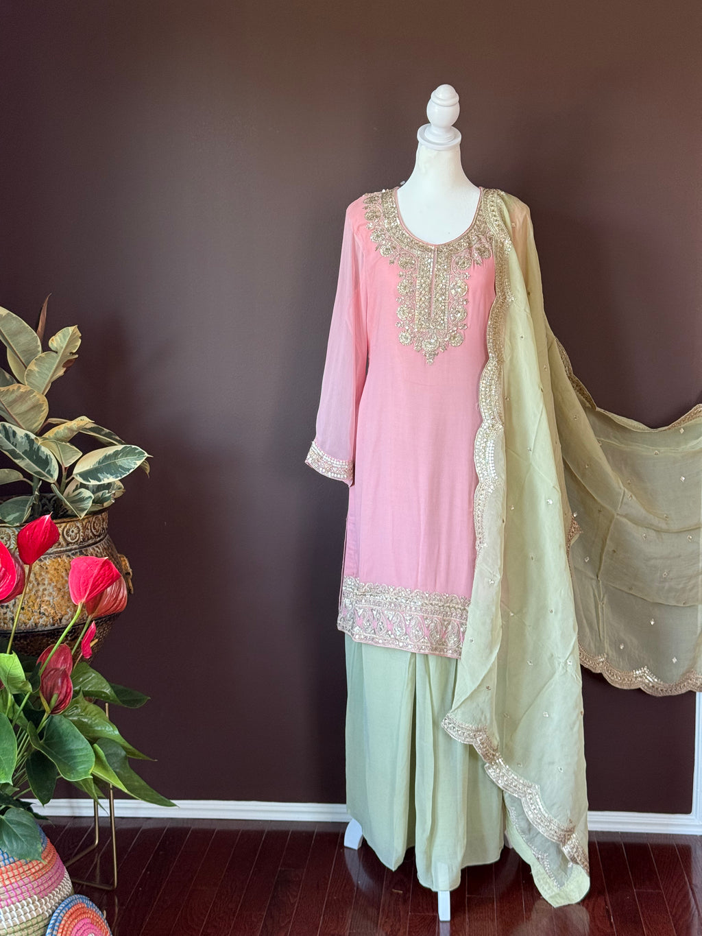 Buy pastel pink and green embroidered sharara suit online in USA. Look your best on festive occasions in latest designer suits, Banarasi sarees, handwoven sarees.-full view