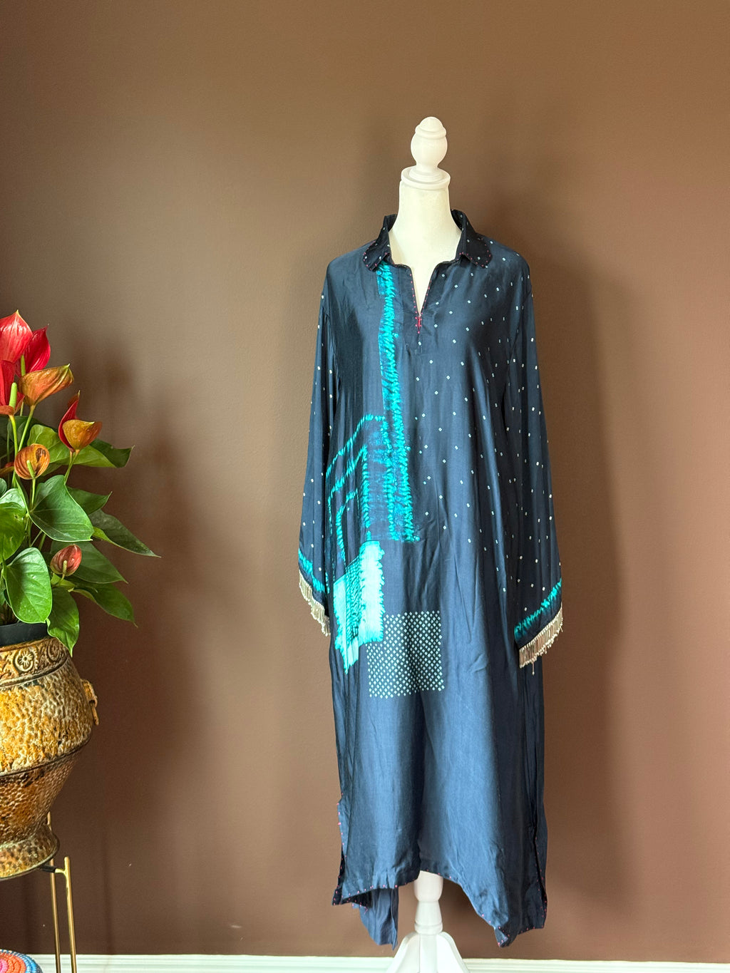 Buy blue printed Kaftan dress online in USA. Look your best on festive occasions in latest designer suits, Banarasi sarees, handwoven sarees.-full view