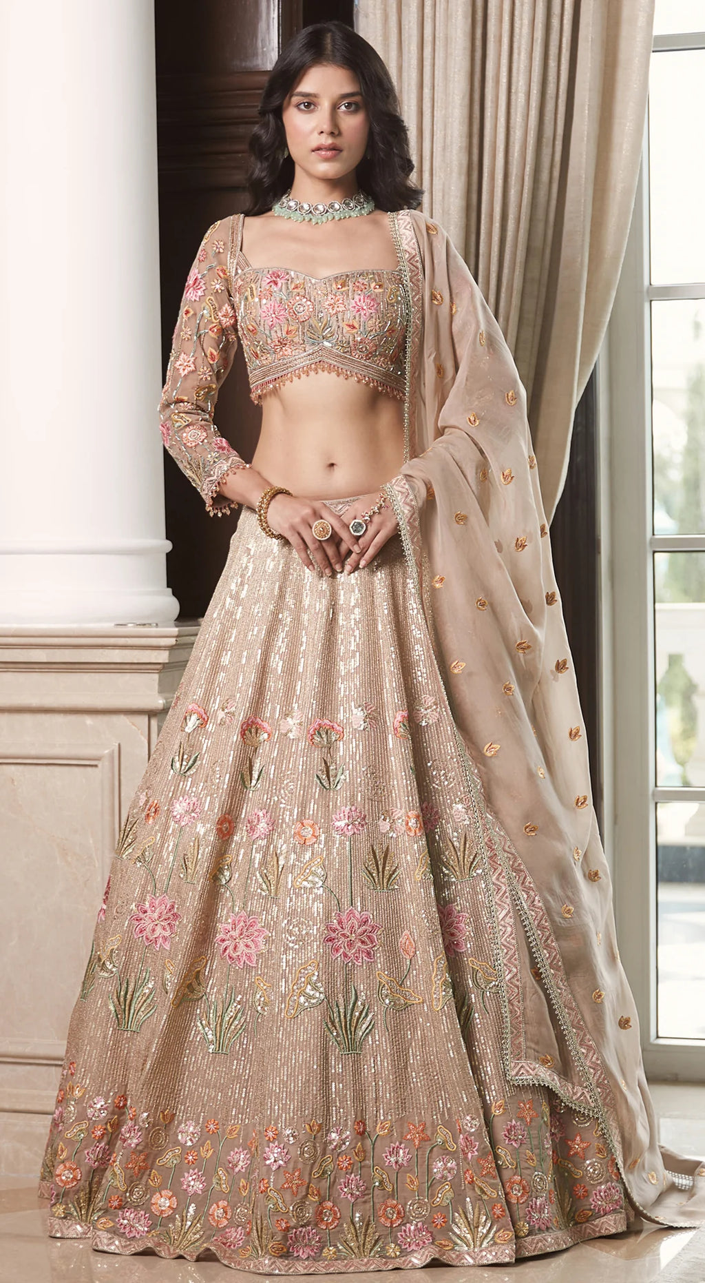 Buy beige embroidered designer lehenga with dupatta online in USA. Radiate elegance and class in designer lehengas, designer sarees, embroidered lehenga, bridal lehenga from Pure Elegance Indian fashion store in USA.-full view