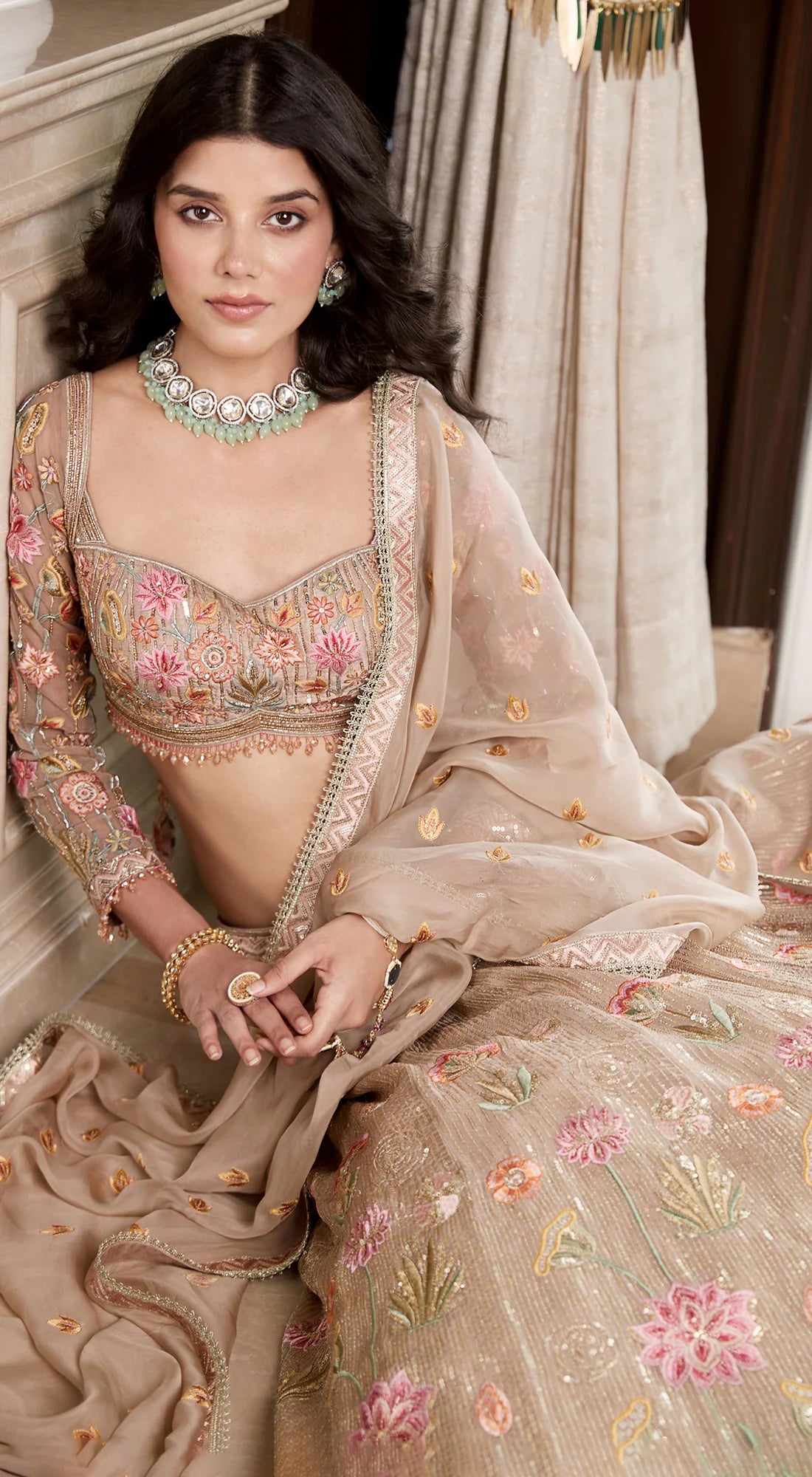 Buy beige embroidered designer lehenga with dupatta online in USA. Radiate elegance and class in designer lehengas, designer sarees, embroidered lehenga, bridal lehenga from Pure Elegance Indian fashion store in USA.-closeup