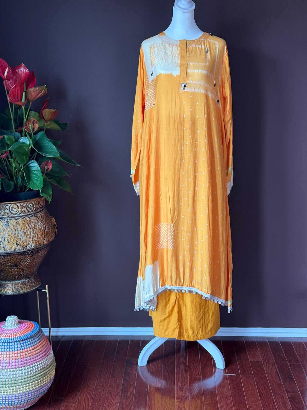 Shop yellow embroidered kurta with palazzo online in USA. Look your best on festive occasions in latest designer suits, Banarasi sarees, handwoven sarees.-full view