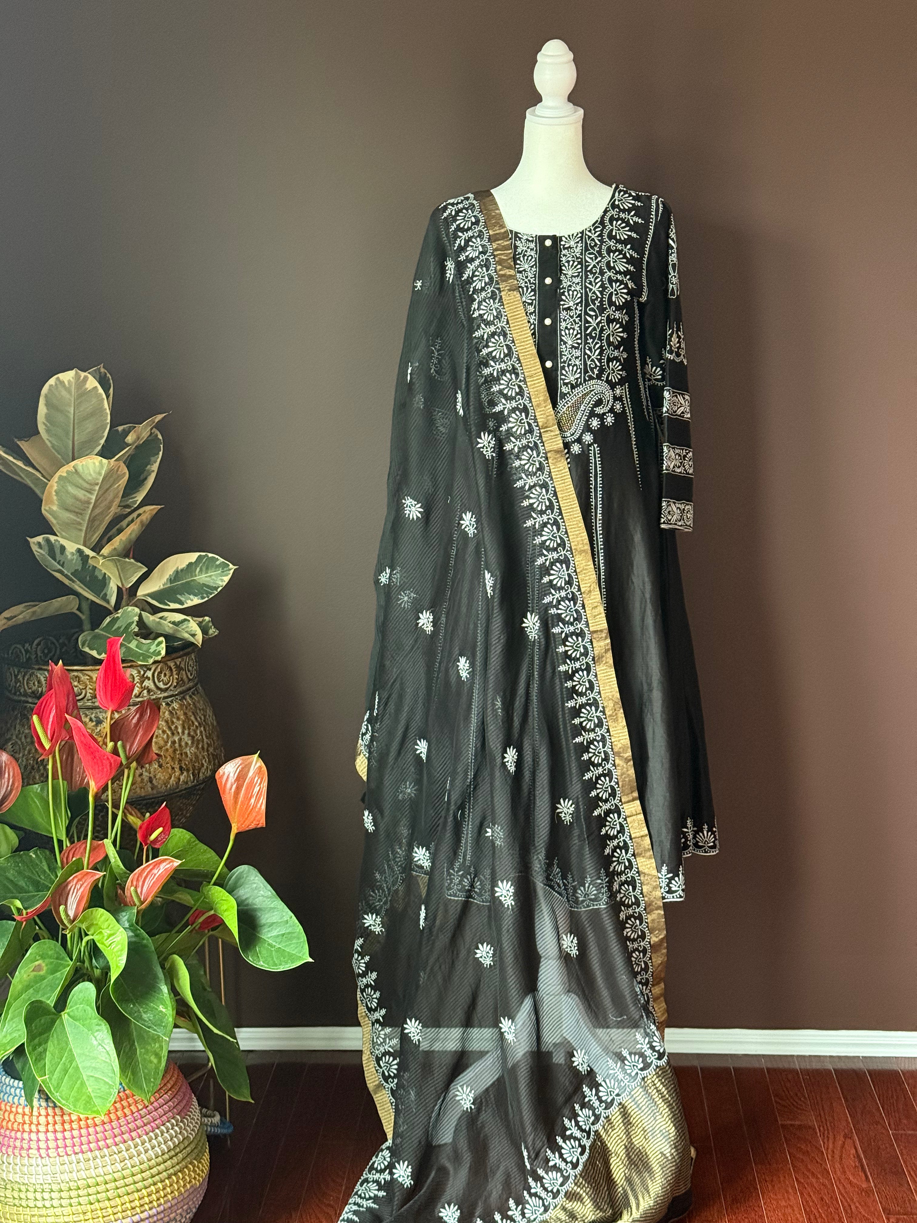 503329 Dark Grey Lucknowi Chanderi Silk Suit With Dupatta