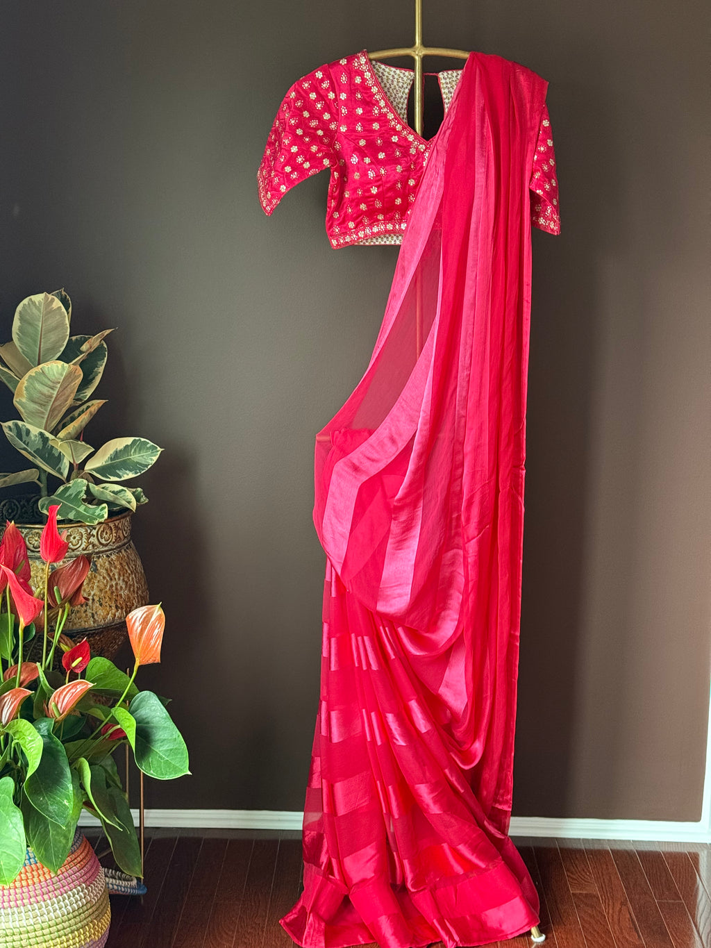 Shop pink striped satin crepe saree online in USA with blouse. Look your best on festive occasions in latest designer sarees, Banarasi sarees, handwoven sarees.-full view